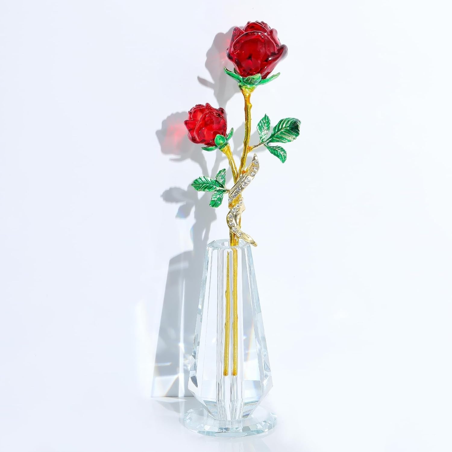 Red Crystal Rose Ornament with Vase – Luxury Glass Flower Gift for Her Décor