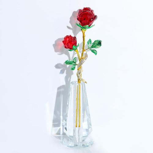 Red Crystal Rose Ornament with Vase – Luxury Glass Flower Gift for Her Décor