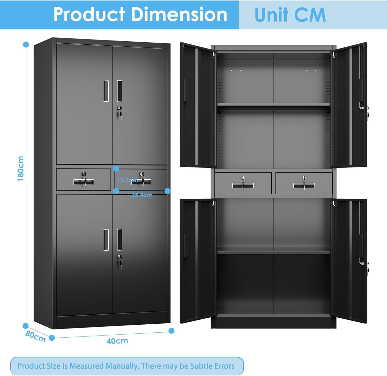 Metal Storage Cabinet 4 Doors 2 Drawers Lockable Steel Cupboard Office Home 180
