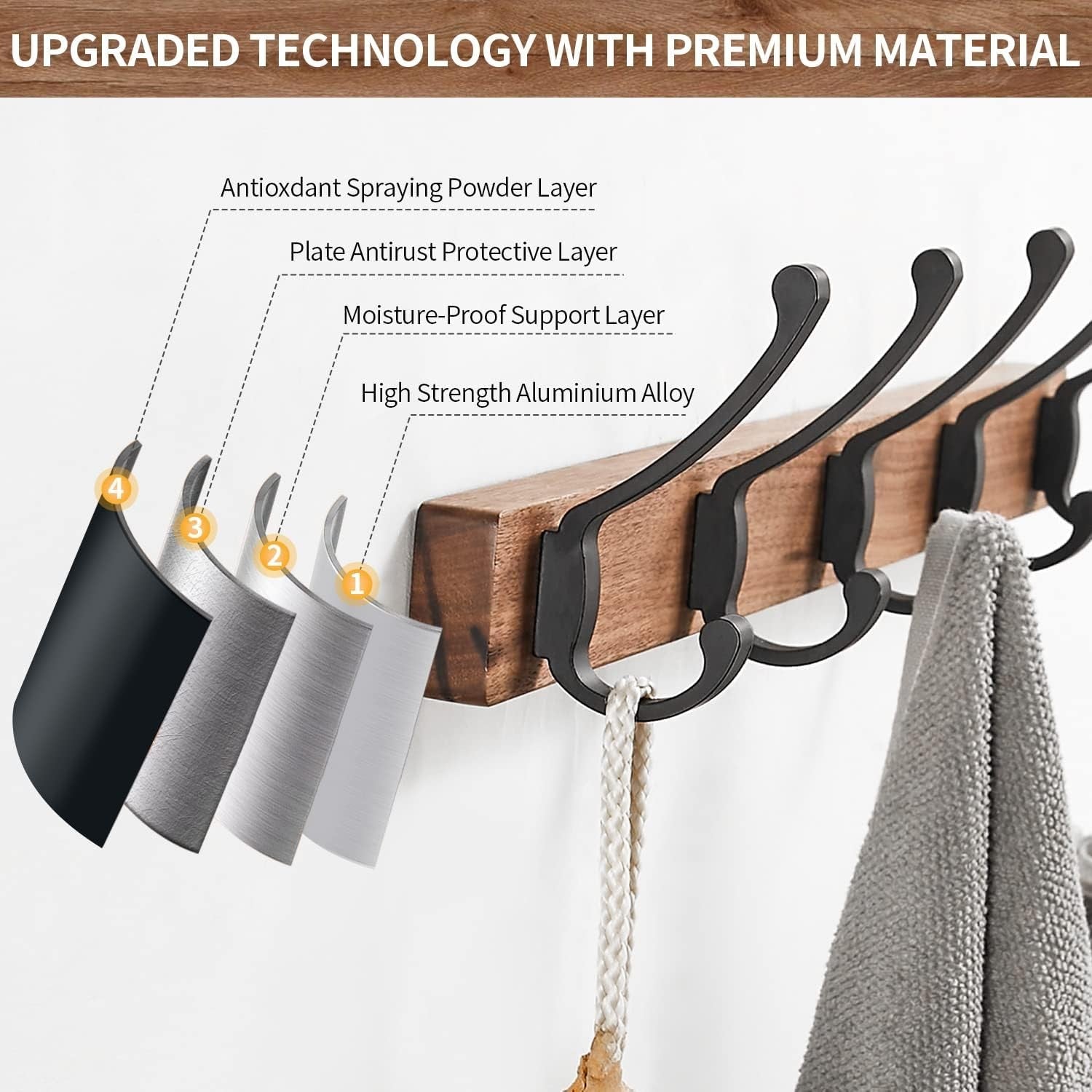 Walnut Wall Coat Rack 5 Black Hooks | Modern Wooden Hanger Rail for Hallway