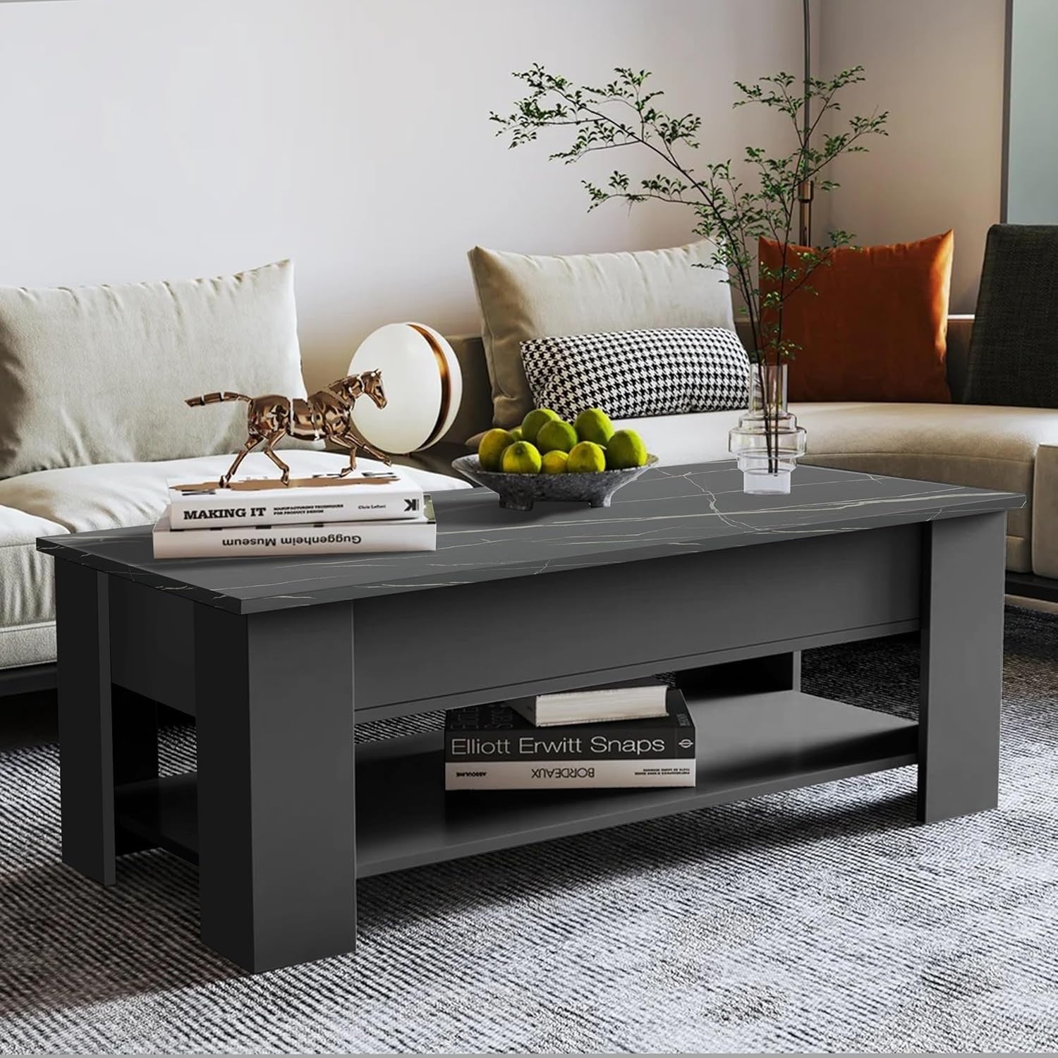 Lift Top Coffee Table with Hidden Storage & Shelf Grey Marble 120x60cm