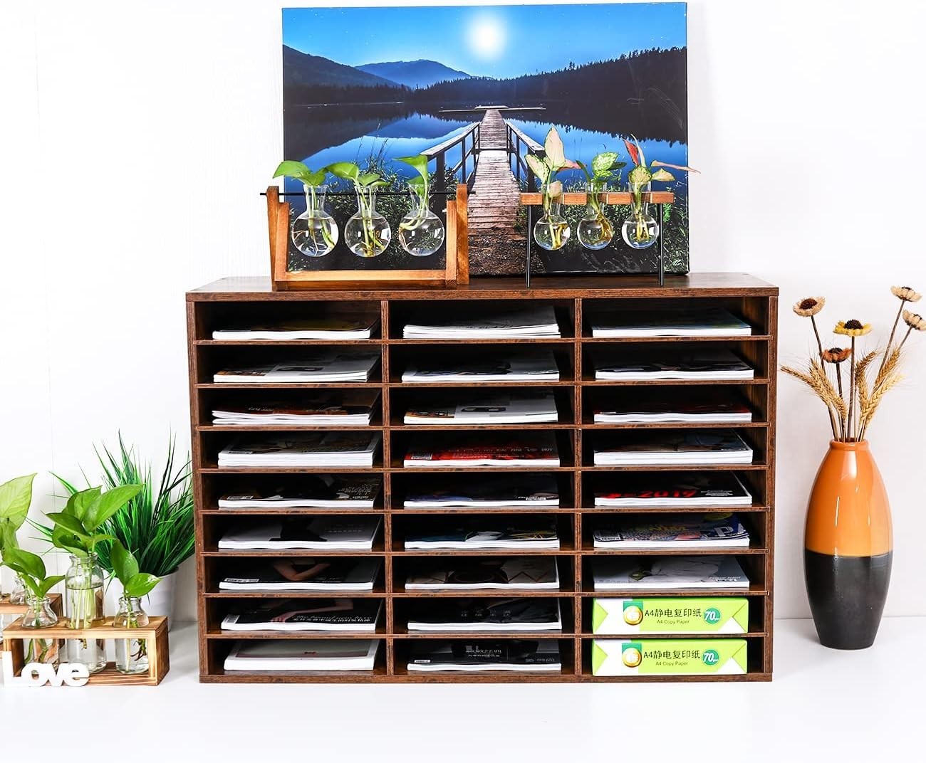 Wooden 9-Tier Desk Organizer with 27 Compartments A4 Filing Tray Office