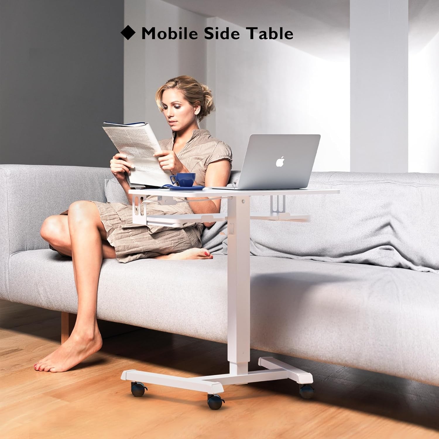 Height Adjustable Mobile Standing Desk on Wheels Laptop Workstation White