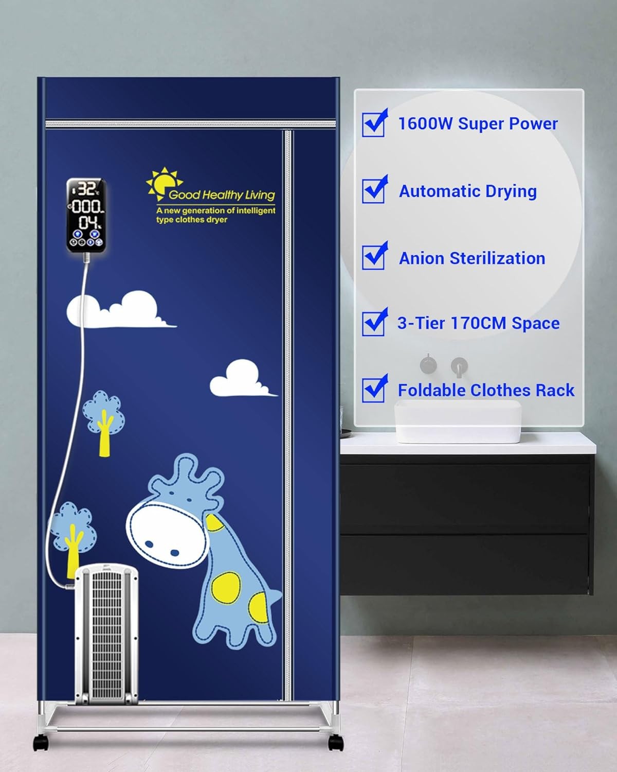 Electric Heated Clothes Airer 1600W 3-Tier Dryer With Cover Indoor Wardrobe