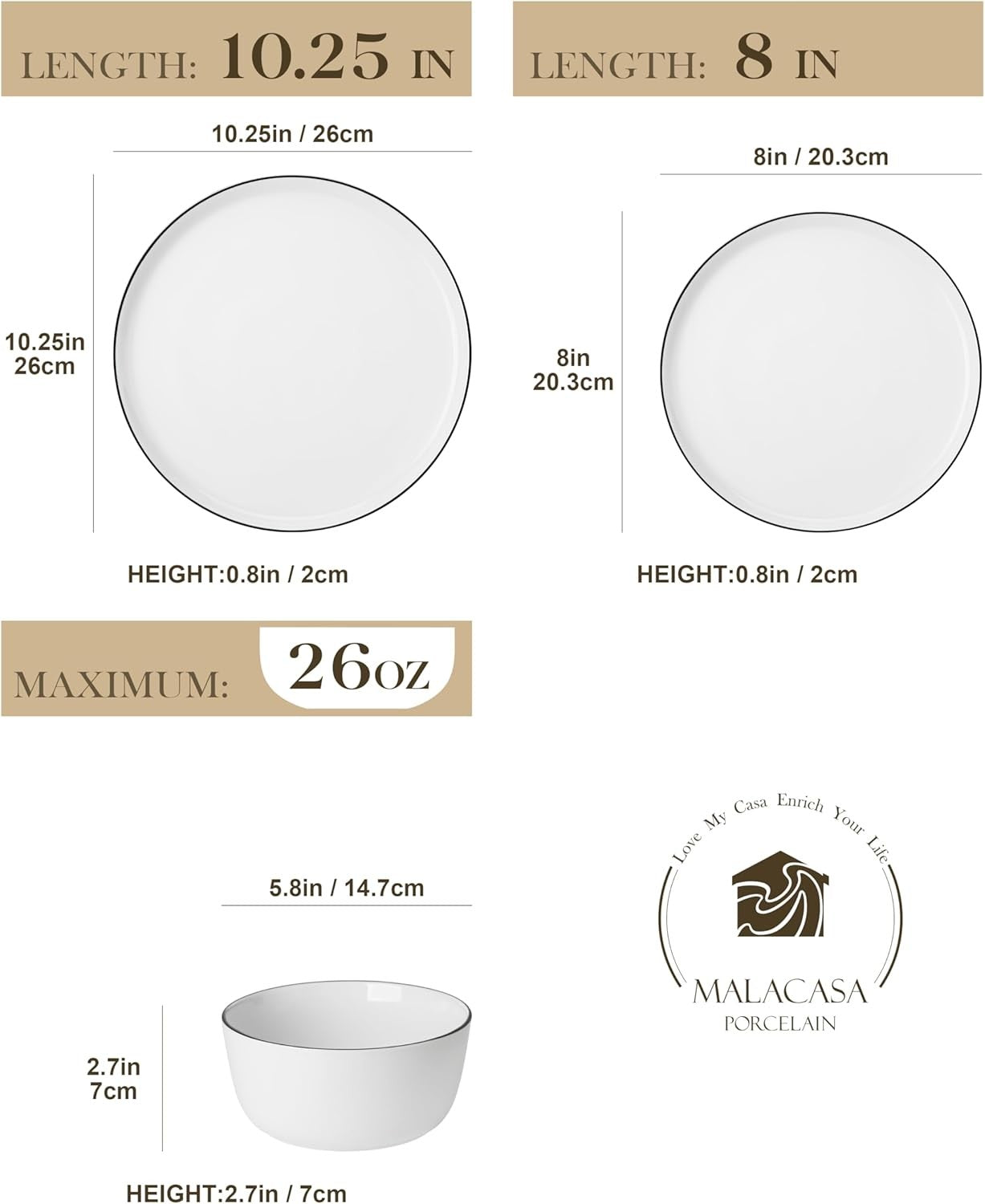 12pc Porcelain Dinnerware Set Plates Bowls Black Rim Microwave Safe