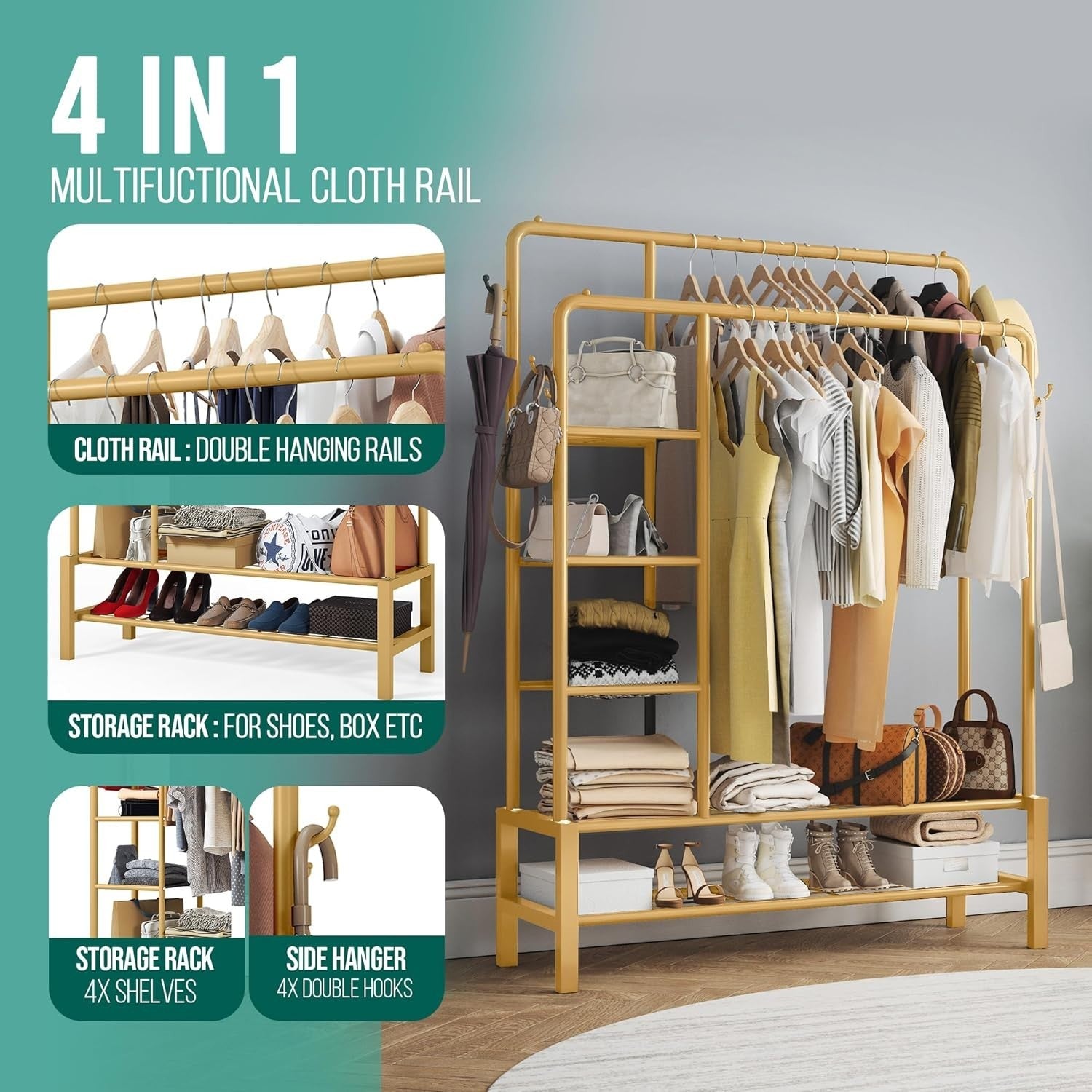Heavy Duty Gold Clothes Rail 120KG Double Hanging Rack With Shelves