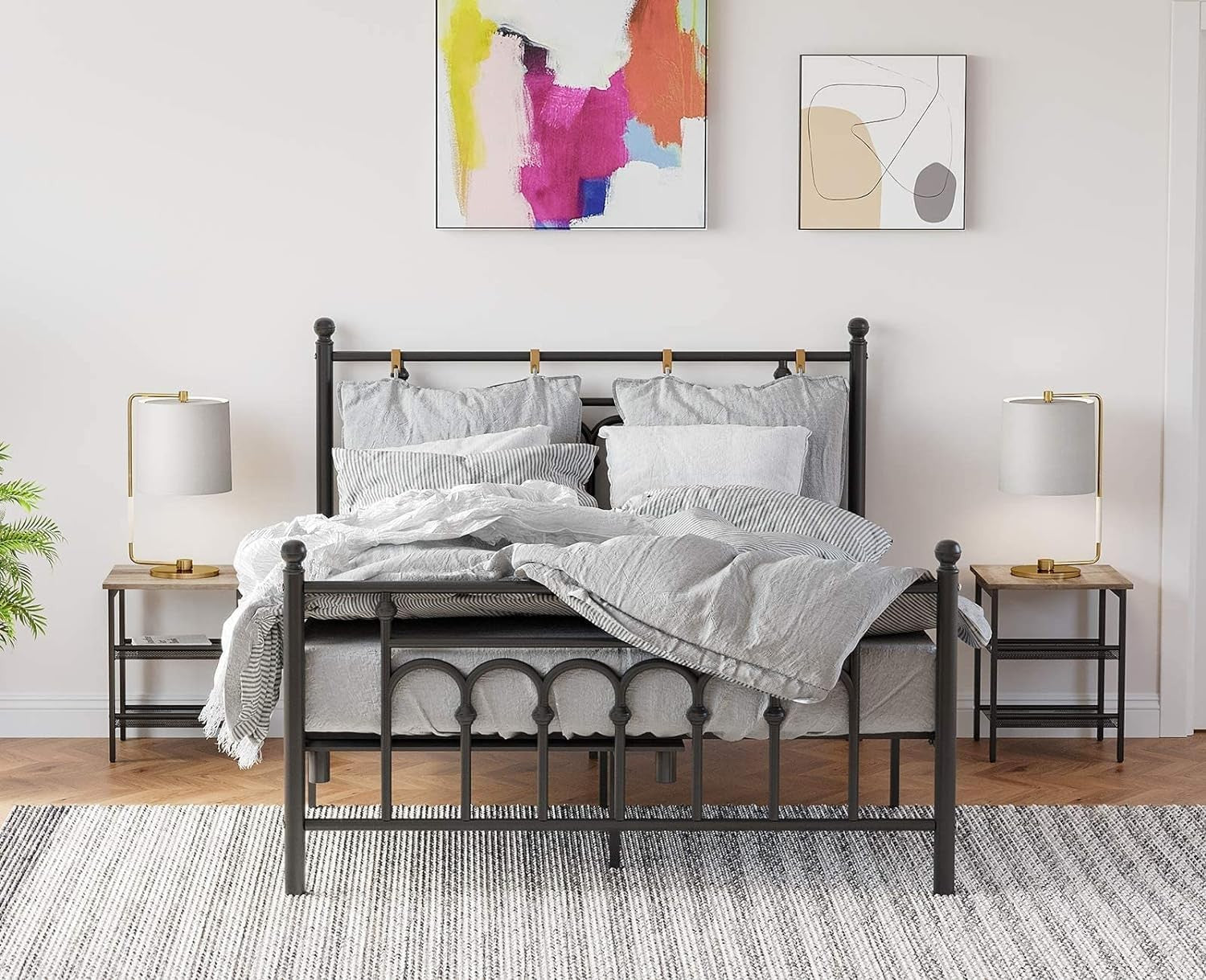 Industrial Side Table with Adjustable Mesh Shelves, Modern Bedside End Table