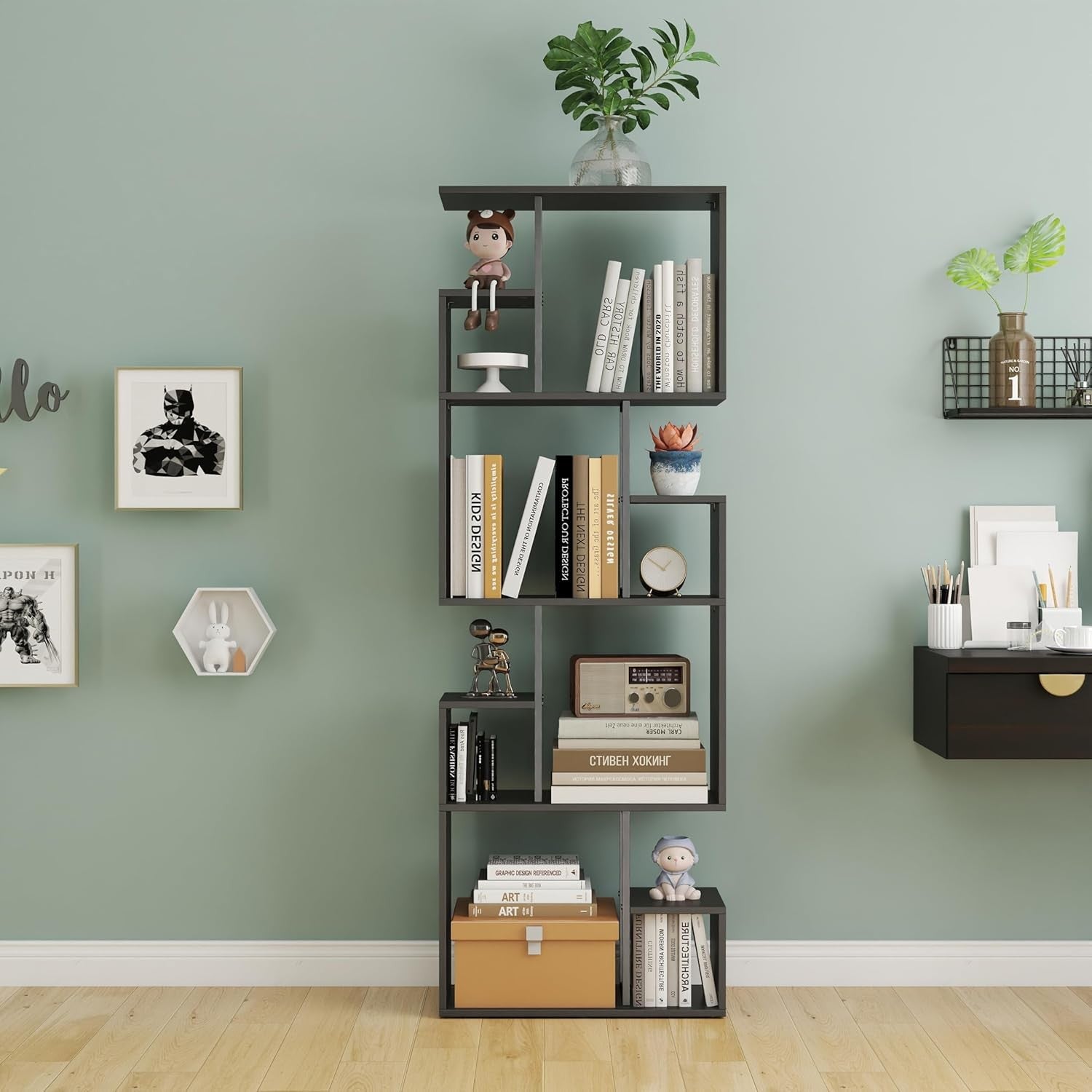 Black 4-Tier Slim Bookcase Room Divider, Modern Asymmetric Display Shelf