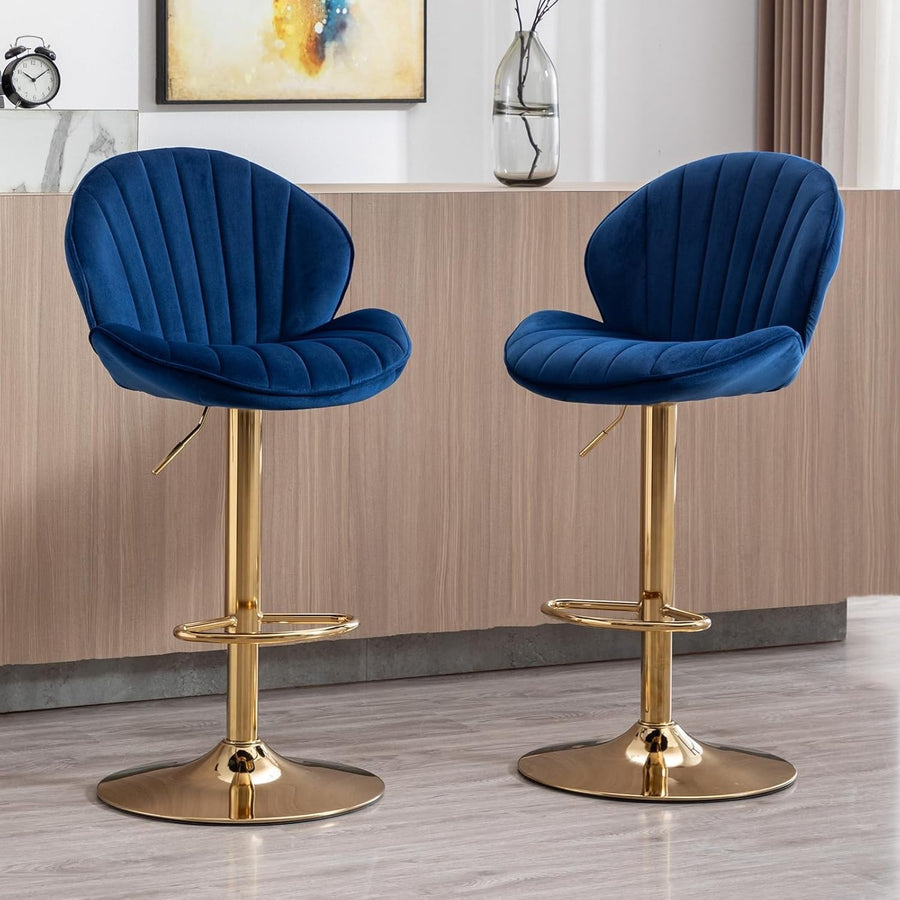 Blue Velvet Swivel Bar Stools Set of 2 Adjustable Kitchen Counter Chairs