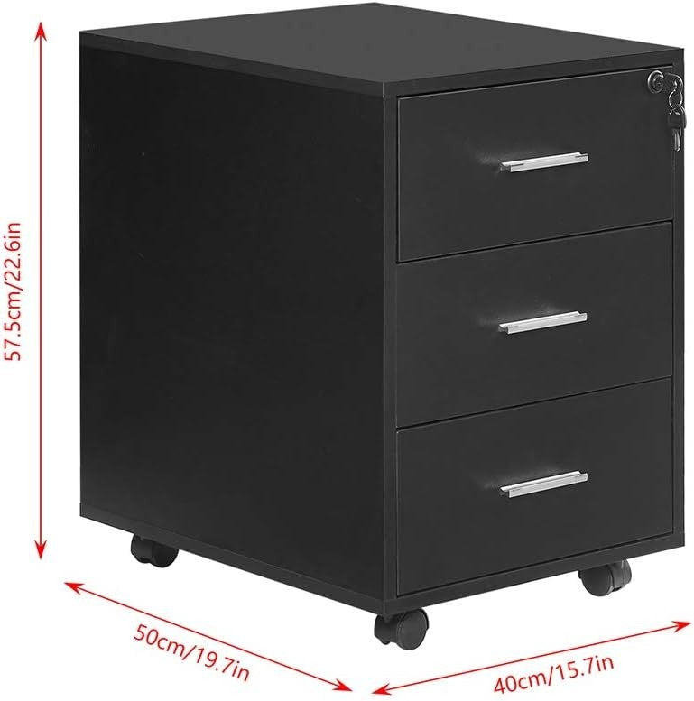 3 Drawer Mobile File Cabinet Lockable A4 Under Desk Storage on Wheels