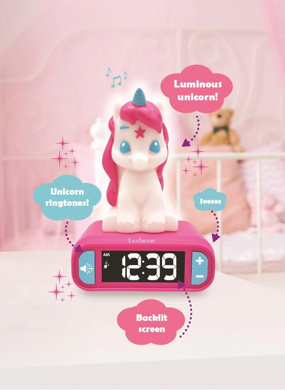 Pink Unicorn Night Light Alarm Clock LCD Snooze Kids Bedroom Bedside