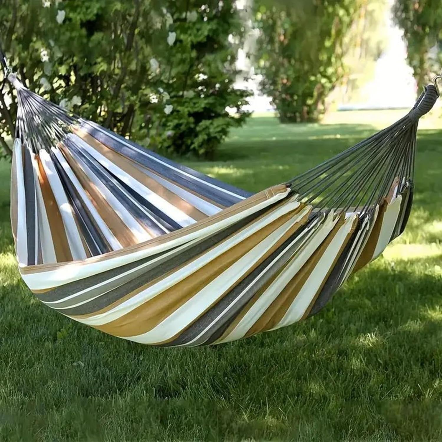 Spacious 2-Person Outdoor Hammock, Thick Striped Cotton-Poly, Garden & Beach