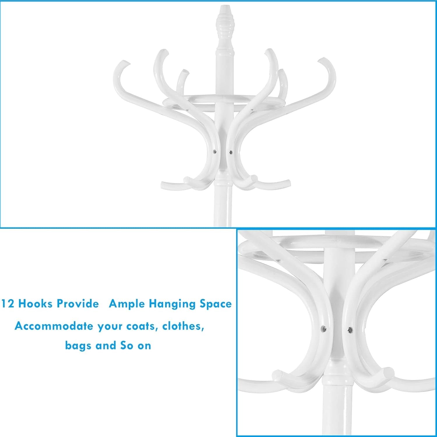 White Solid Wood Coat Rack with 12 Hooks & Umbrella Holder | Freestanding Hall
