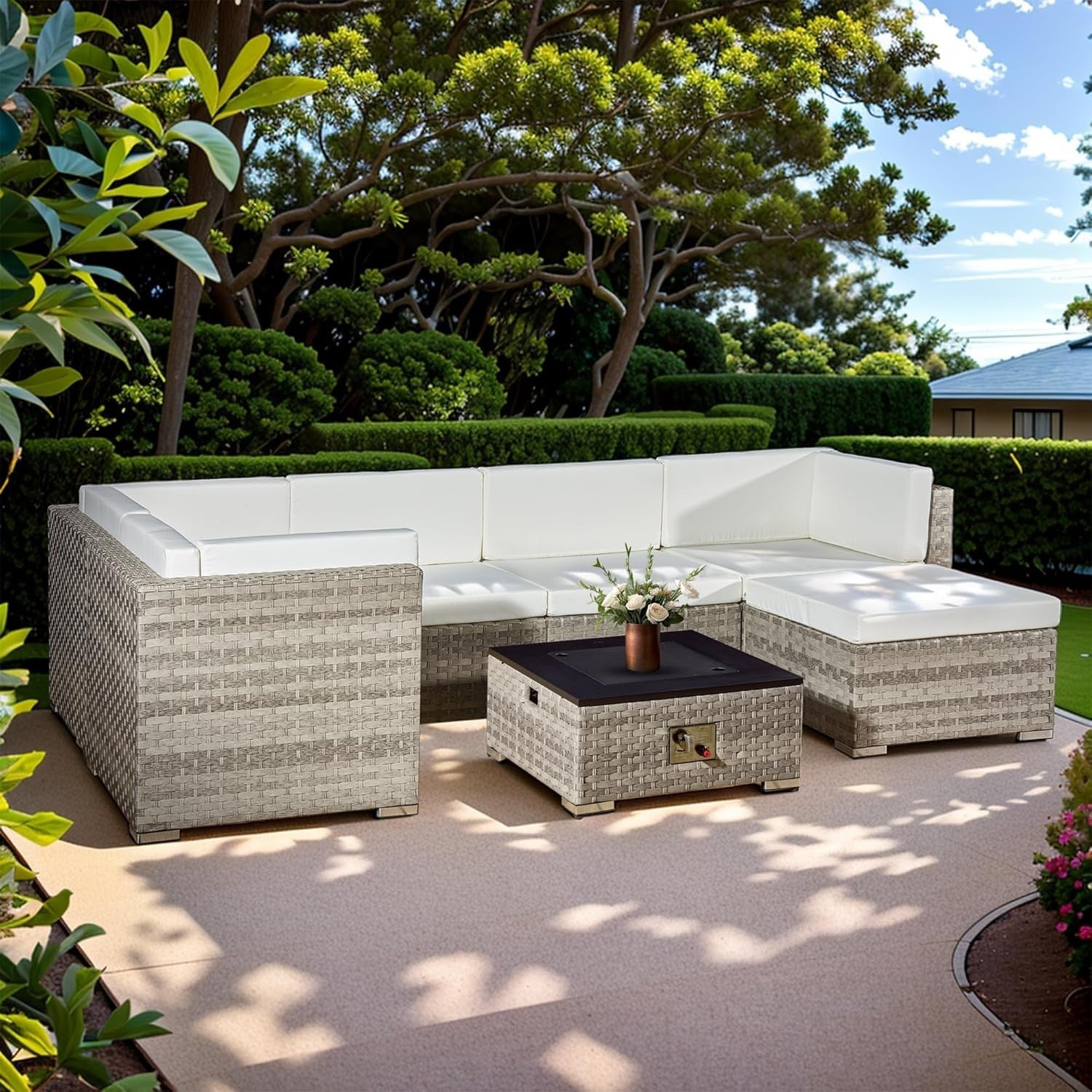 7-Piece Outdoor Rattan Garden Sofa Set with Fire Pit Table, Modern L-Shape