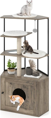 Cat Tree with Litter Box Enclosure Modern Climbing Tower Scratching Post Oak Gre