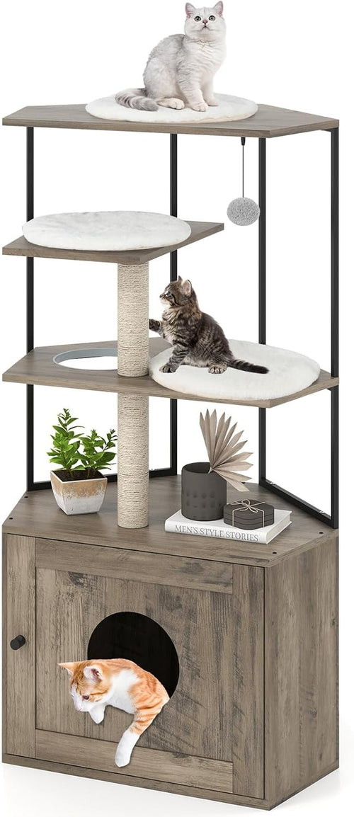 Cat Tree with Litter Box Enclosure Modern Climbing Tower Scratching Post Oak Gre