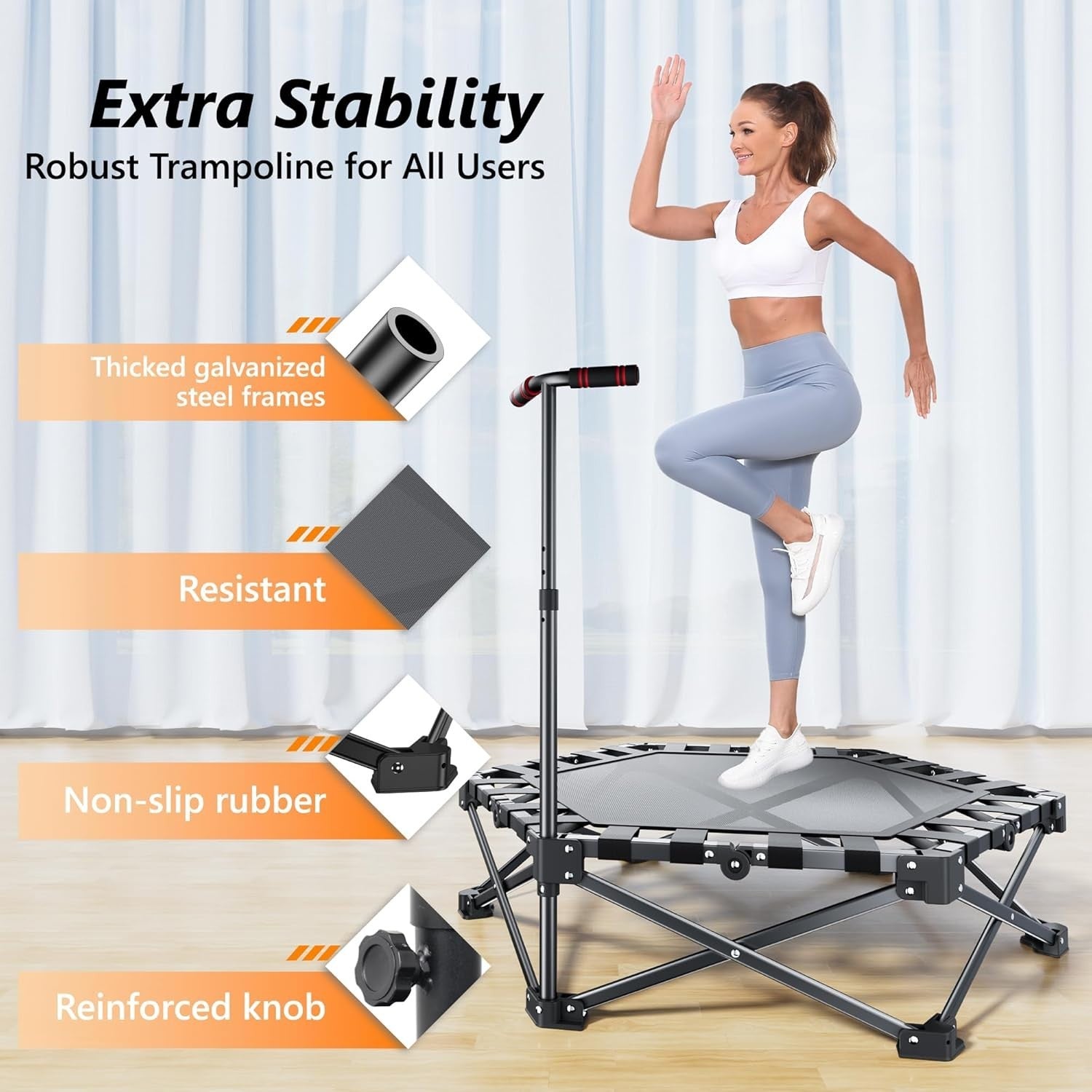 Foldable Mini Trampoline Kids Adults Indoor Fitness Rebounder Handle 110cm
