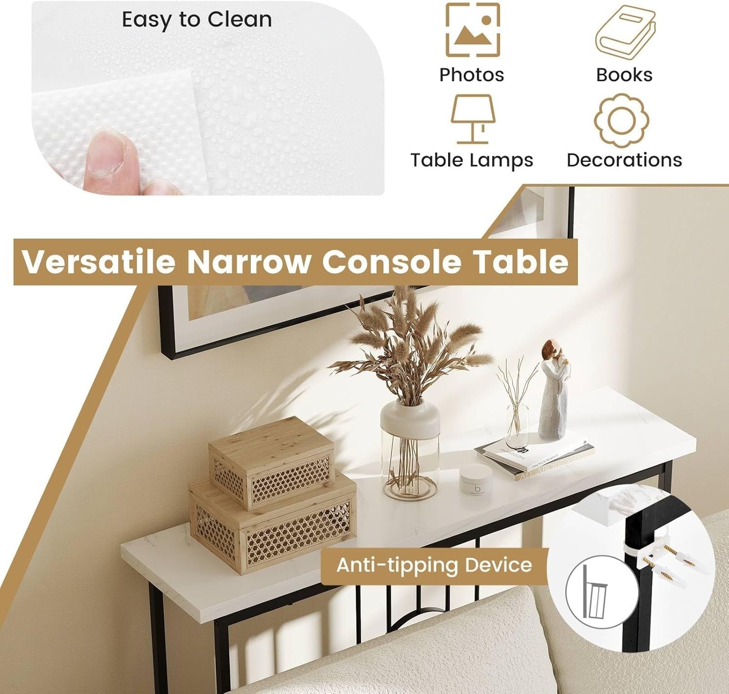 Slim Faux Marble Console Table with Gold Metal Frame, 120cm Wide, Anti-Tip
