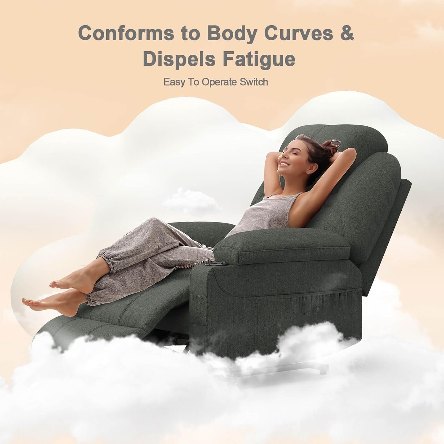 Set of 3 Power Lift Recliners Massage Heat USB-C Footrest Cup Holders Dark Grey