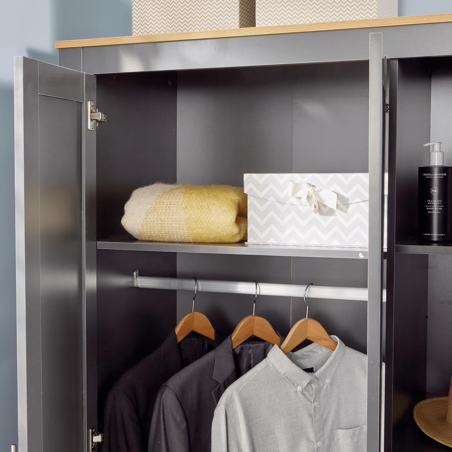 3 Door Dark Grey Wardrobe with Hanging Rail & 5 Shelves for Clothes