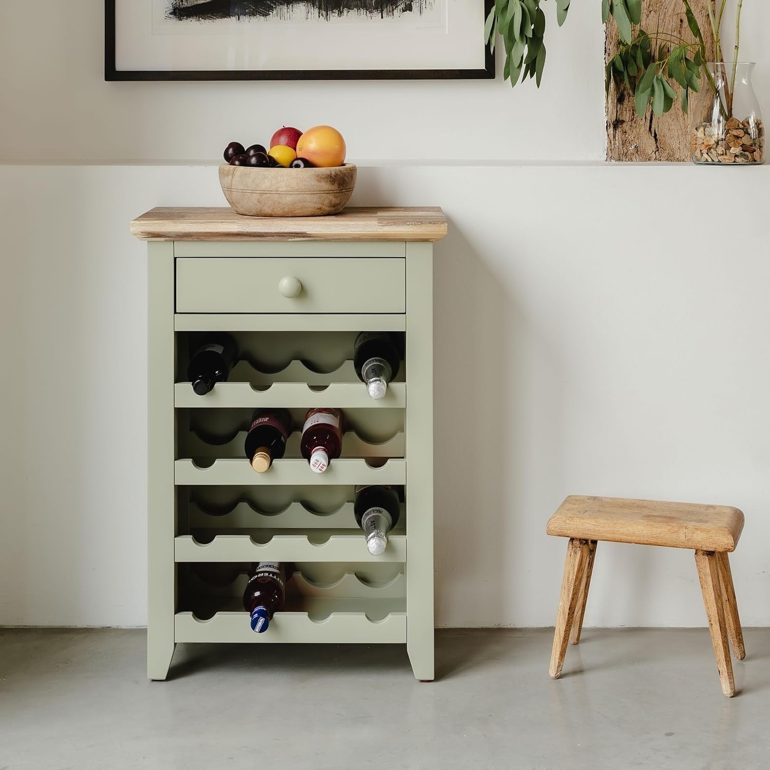 Sage Green Wine Rack Side Cabinet with Drawer | Holds 16 Bottles | Solid Wood