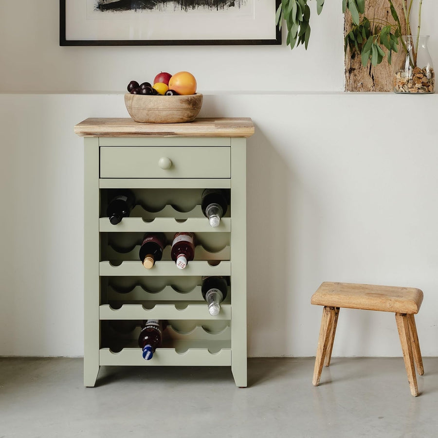Sage Green Wine Rack Side Cabinet with Drawer | Holds 16 Bottles | Solid Wood