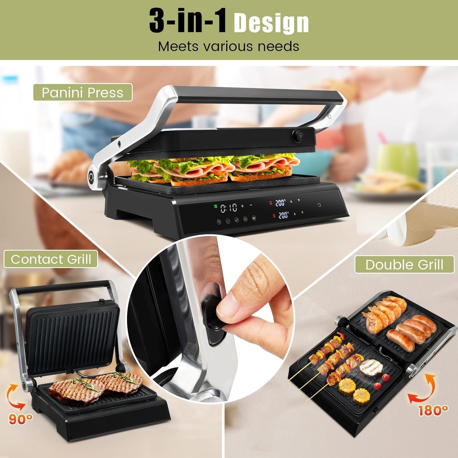 3-in-1 Panini Press Grill Sandwich Maker Detachable Plates Adjustable Temp