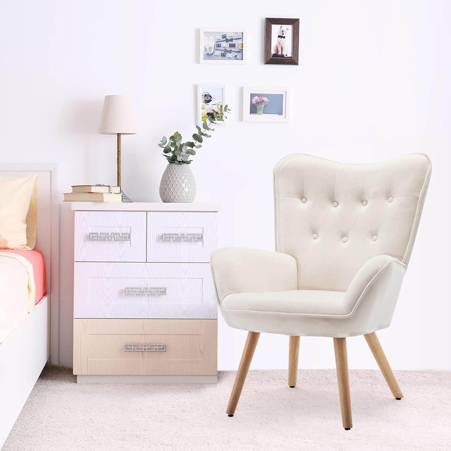 White Velvet Armchair with Footstool, Comfy Reading Lounge Chair Set