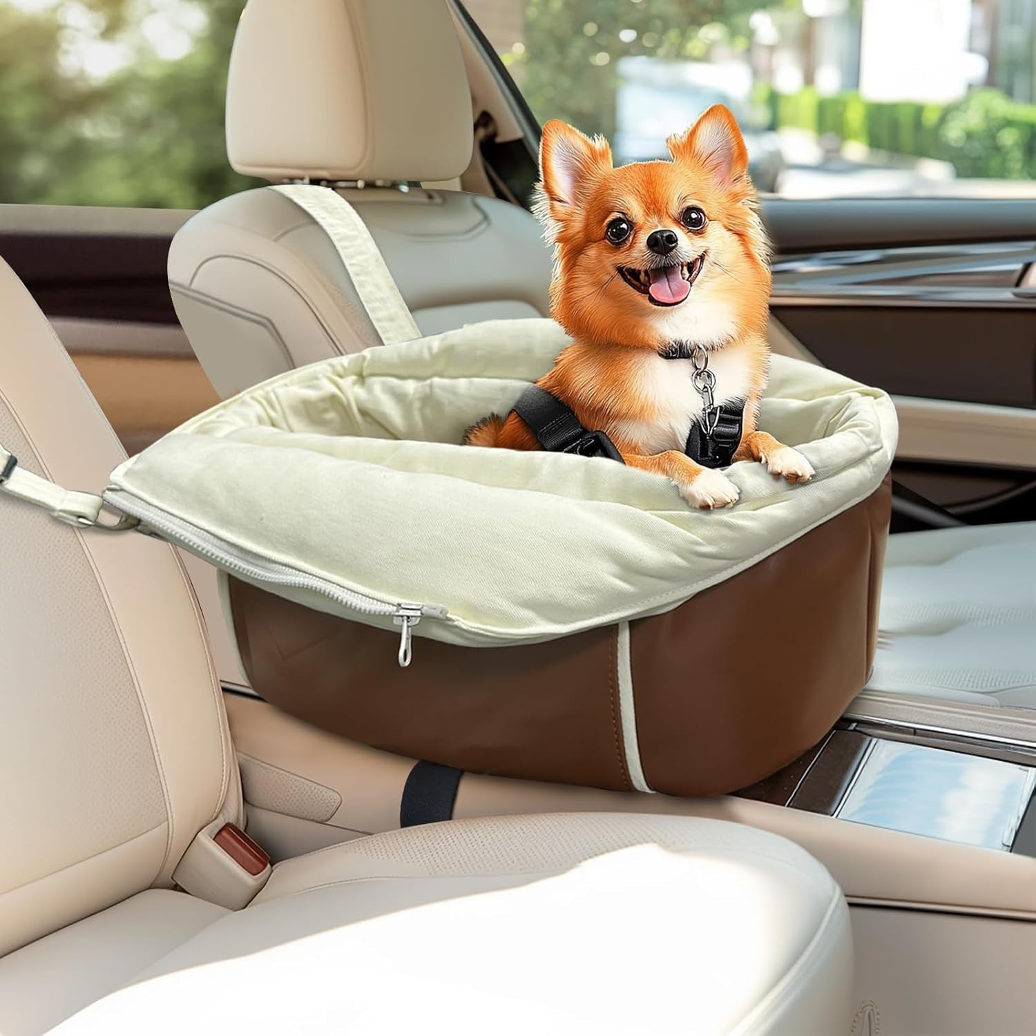 Console Dog Car Seat Small Dog Booster Seat Safety Belt Storage Bag