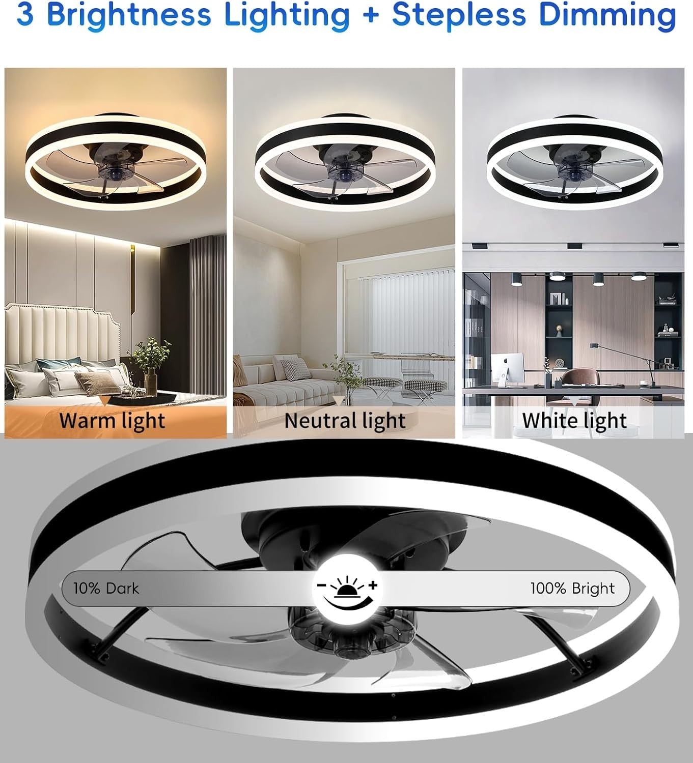 50cm Smart Ceiling Fan Light, 6 Speeds, Dimmable, Reversible LED, Quiet Black