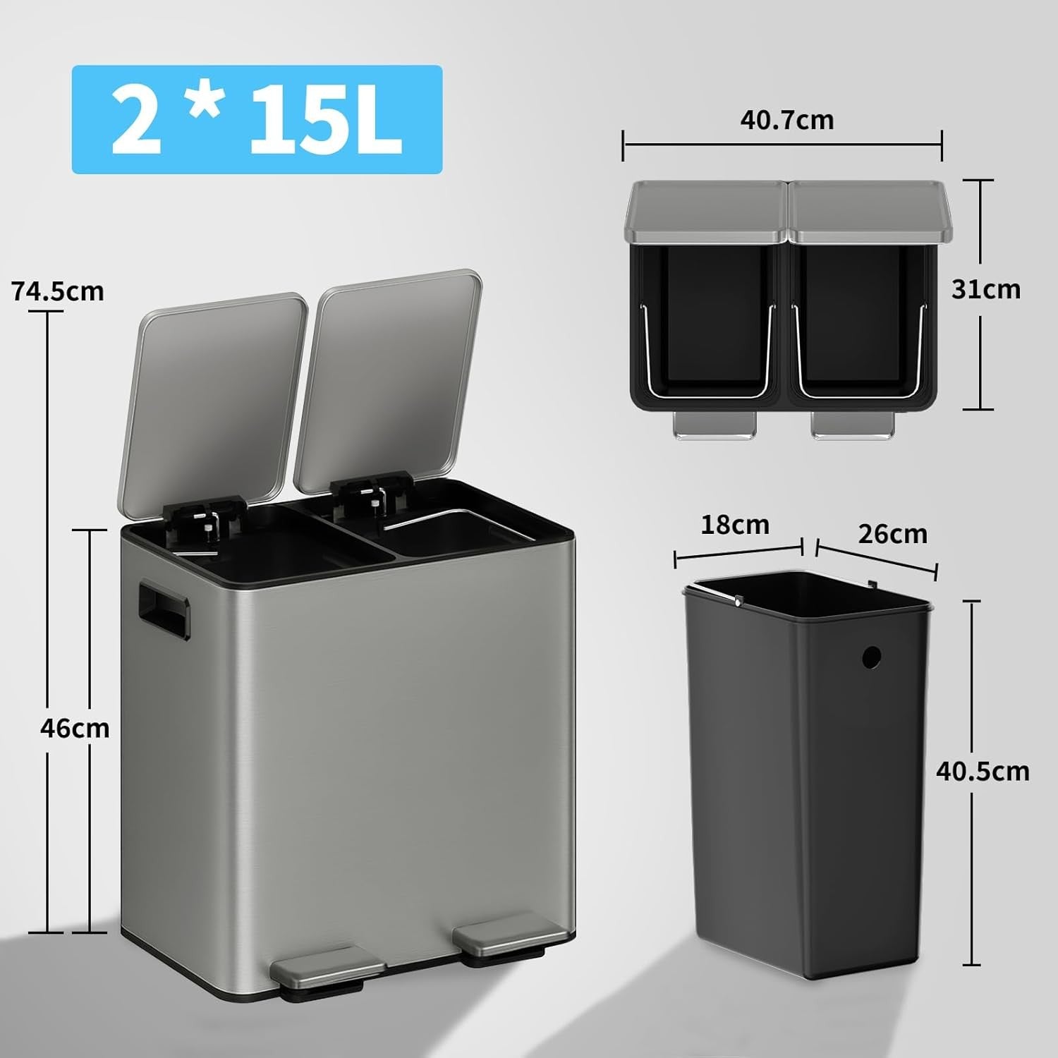 30L Dual Kitchen Recycling Bin 2x15L Stainless Pedal