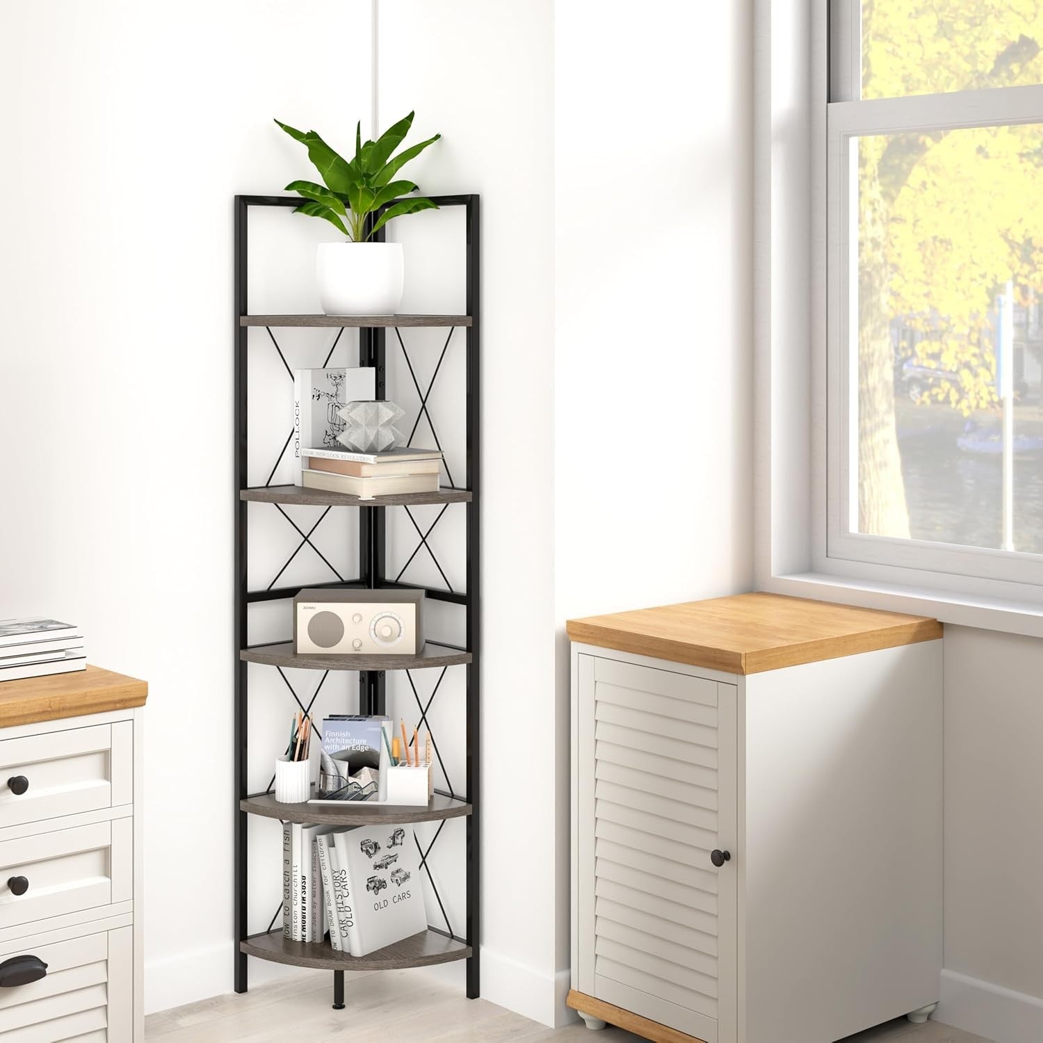 5 Tier Corner Ladder Shelf Oak Wood Display Unit Adjustable Foot Pads 35x35x160