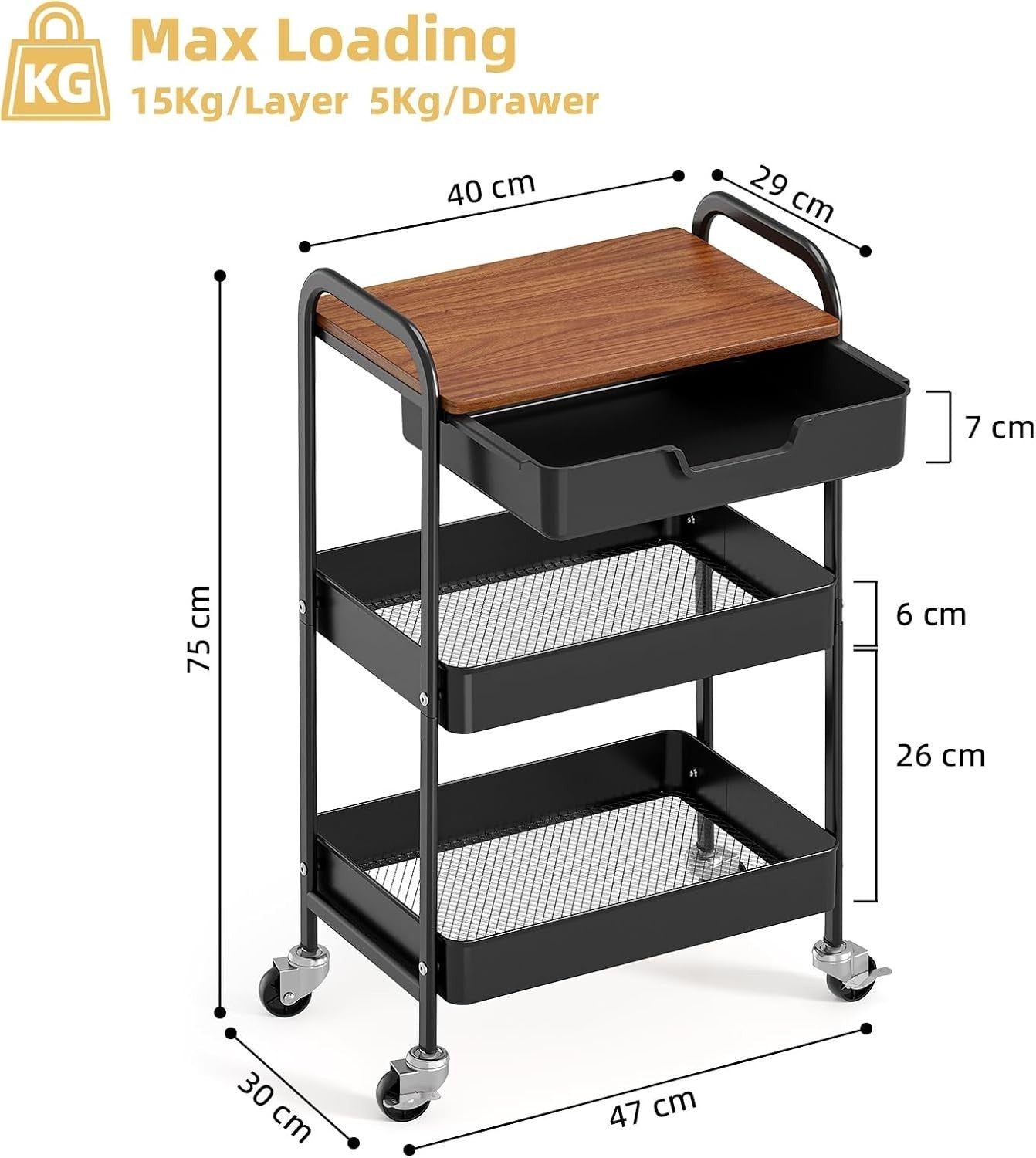 Black 3 Tier Storage Trolley on Wheels w/ Drawer