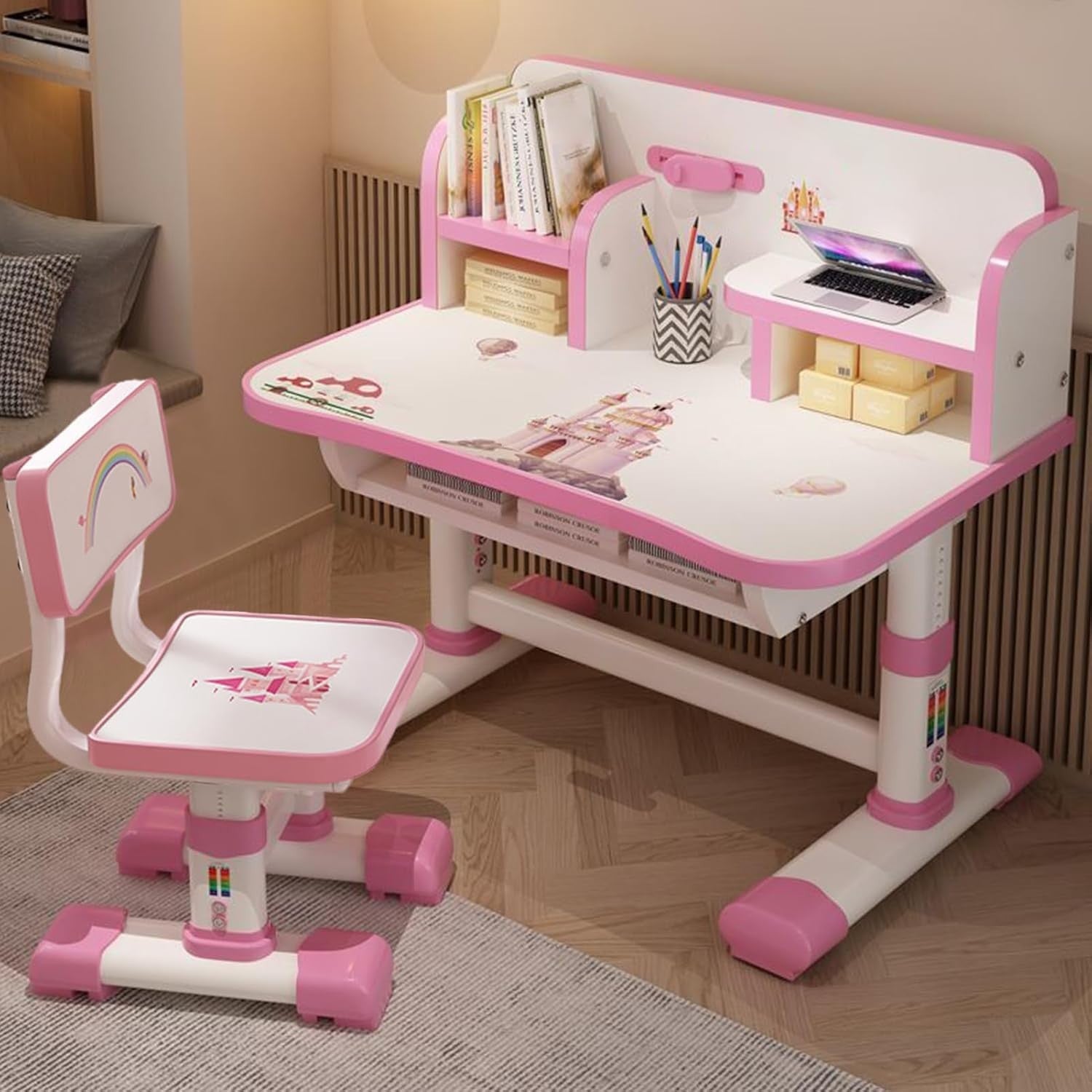Adjustable Kids Desk & Chair Set with Drawer, Large Writing Board Pink A