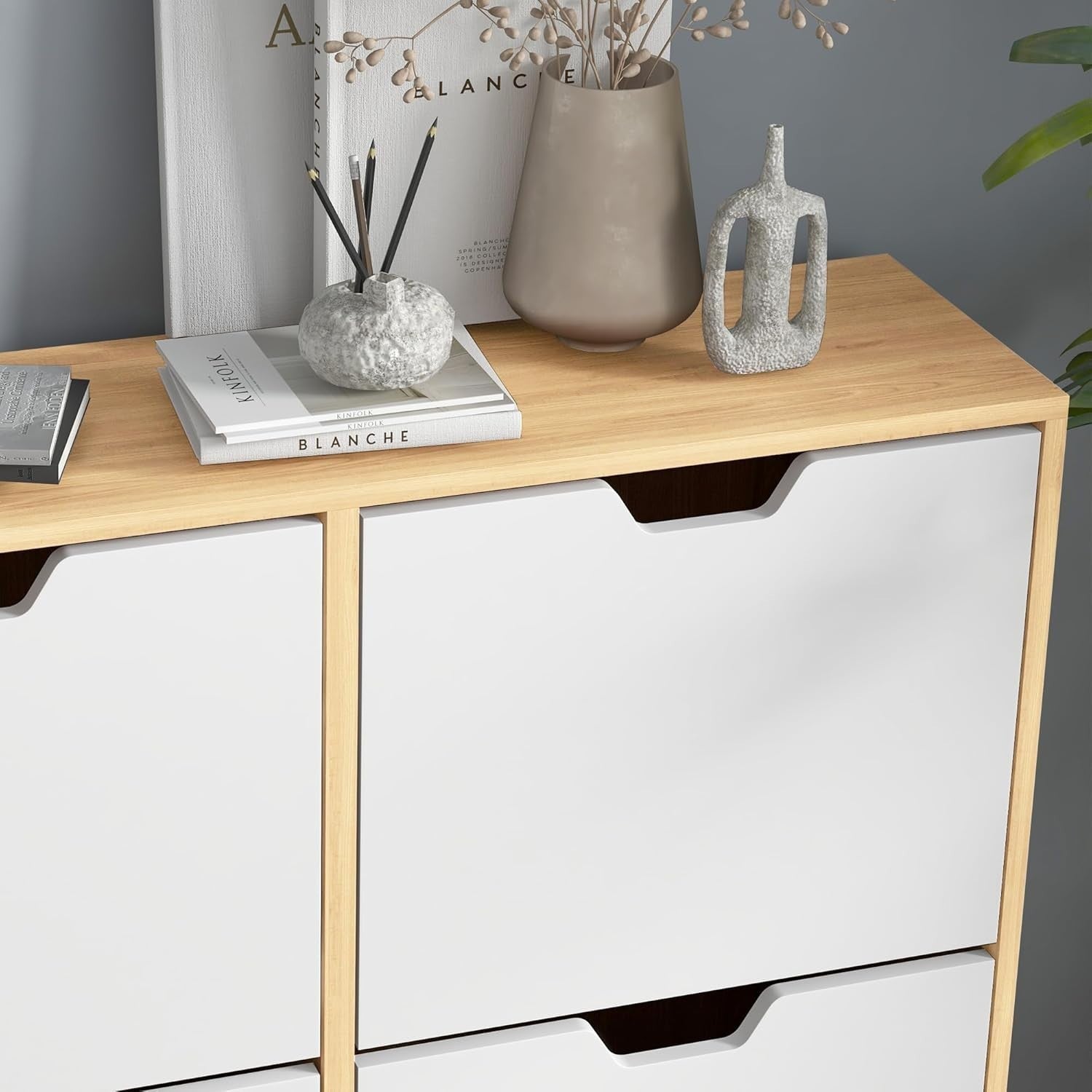 Slim Natural 4 Drawer Shoe Cabinet with Adjustable Shelves & Anti-Tip Straps