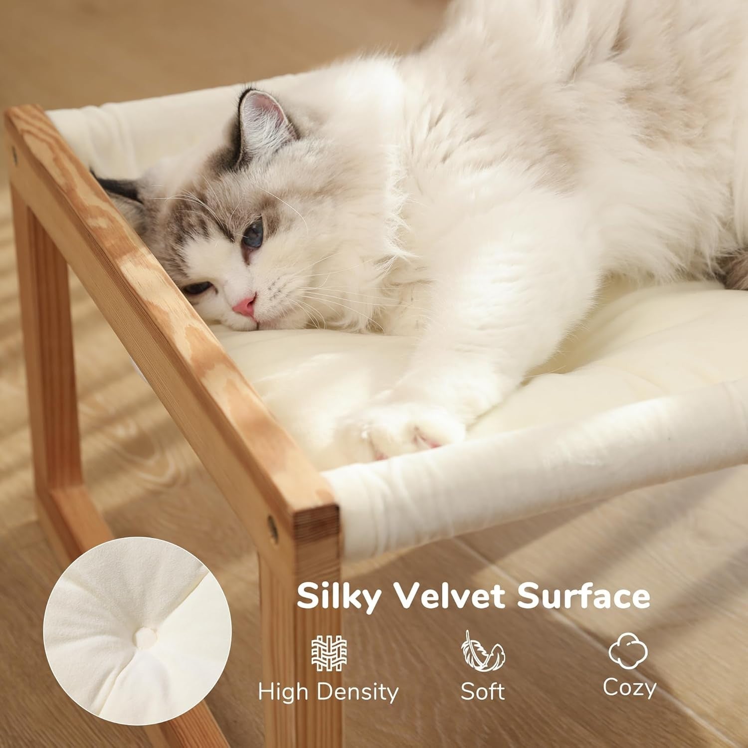 Wooden Cat Hammock Bed Plush Velvet Pet Sofa Removable Cushion 50cm