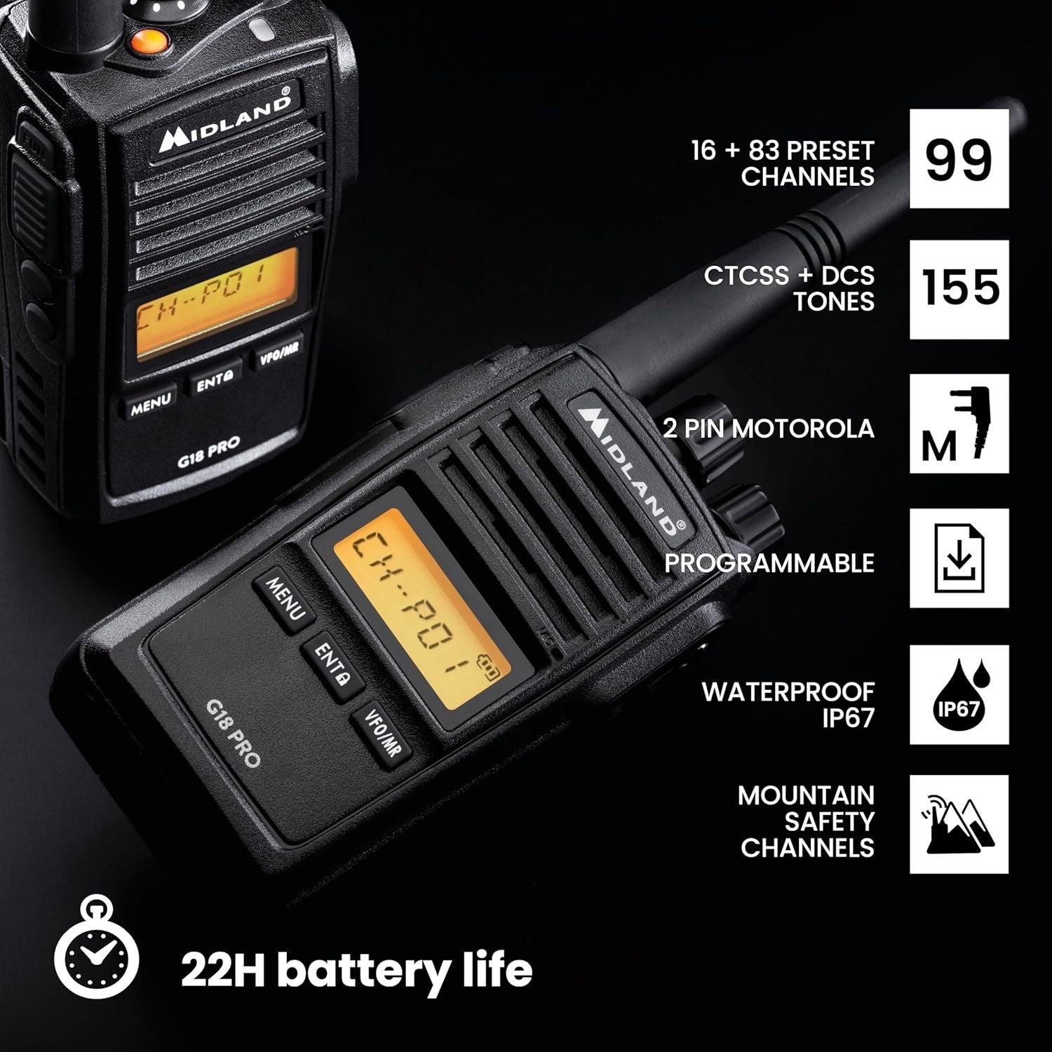 IP67 Waterproof Walkie Talkie 99 Channel PMR446 12Km Pro Radio