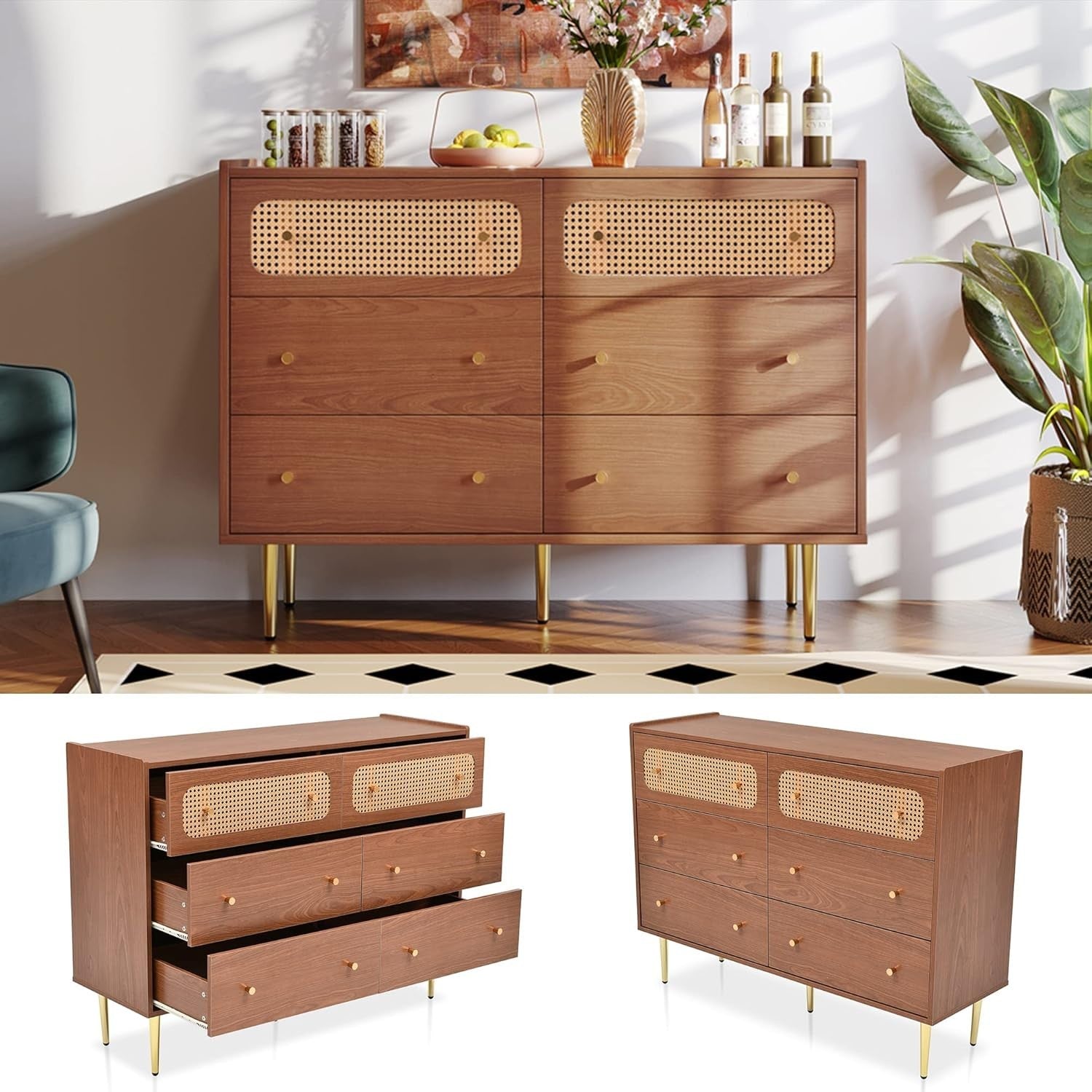 Walnut 6 Drawer Rattan Sideboard Cabinet with Gold Legs for Hallway Storage