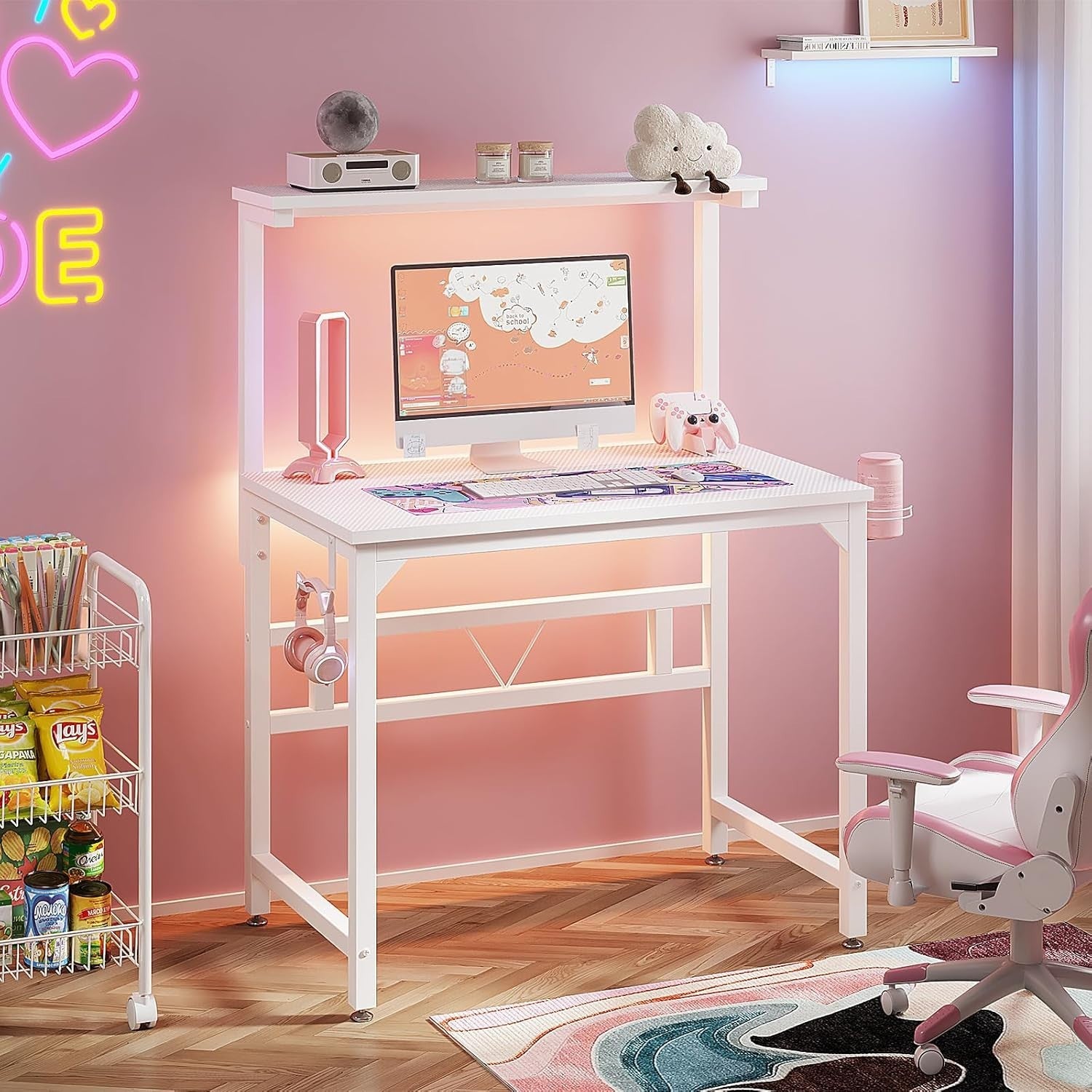 White 80cm Gaming Desk with Adjustable Monitor Stand & Cup Holder Office