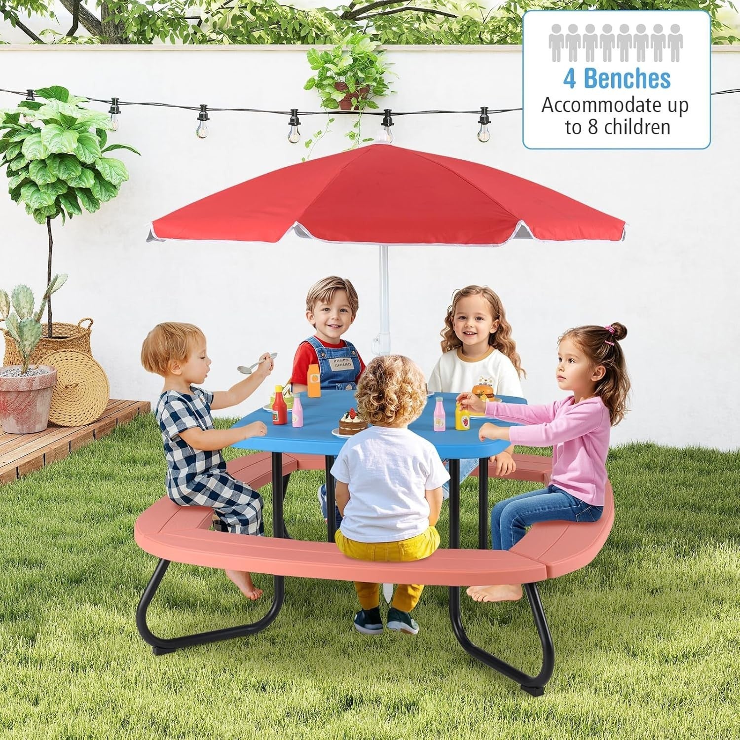 Kids Outdoor Picnic Table Set with Adjustable Umbrella, Seats 8, Red+Blue