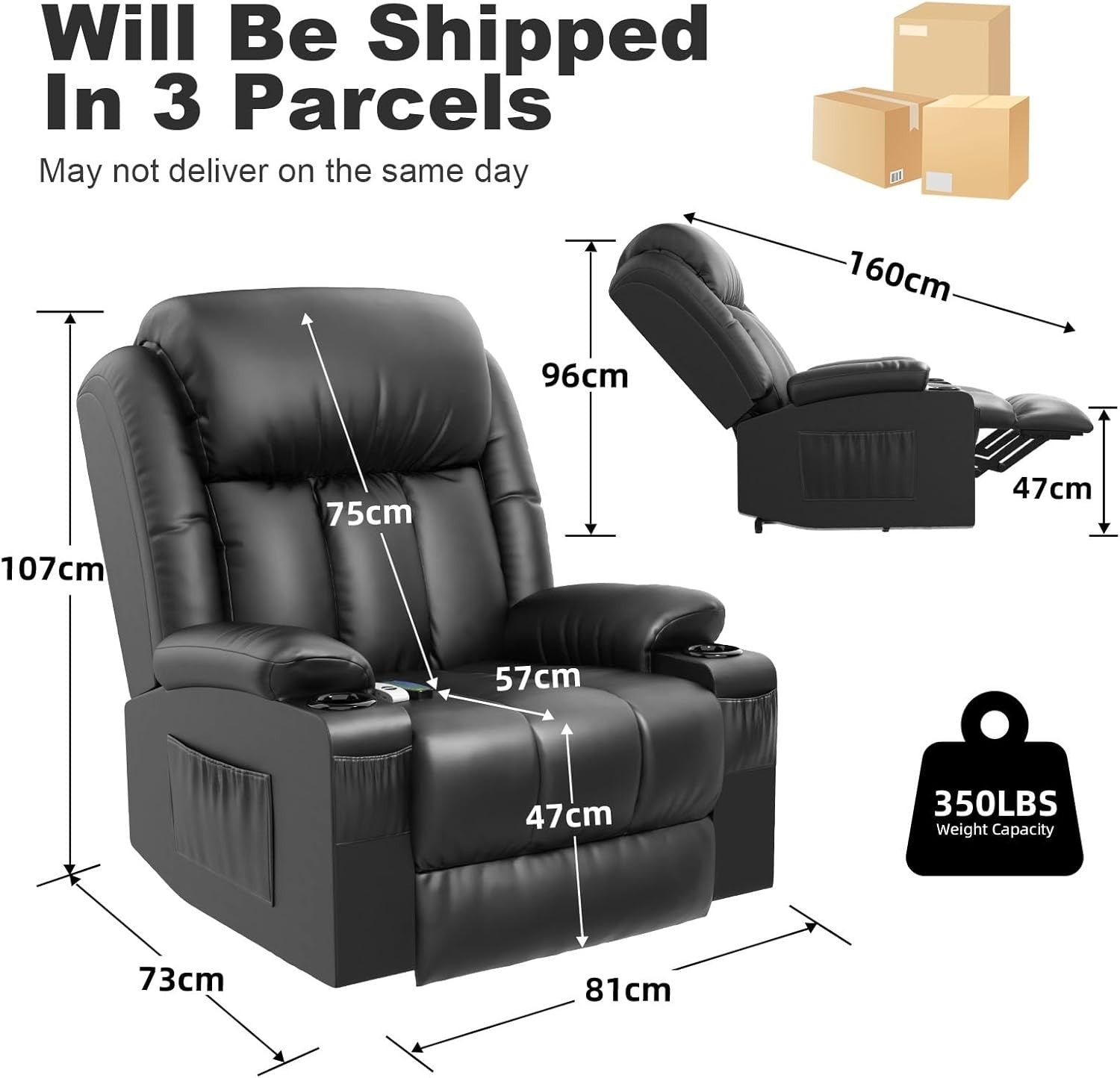 Power Lift Recliner Chair Massage Heat USB Ports Cup Holders Fabric Black