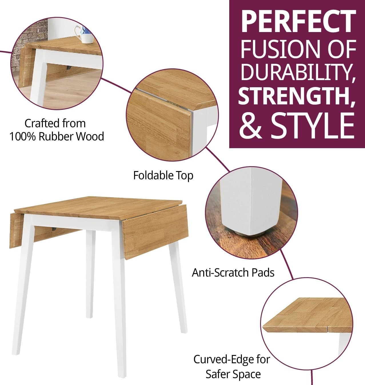 Small Drop Leaf Folding Table White & Oak Space-Saving Kitchen Dining