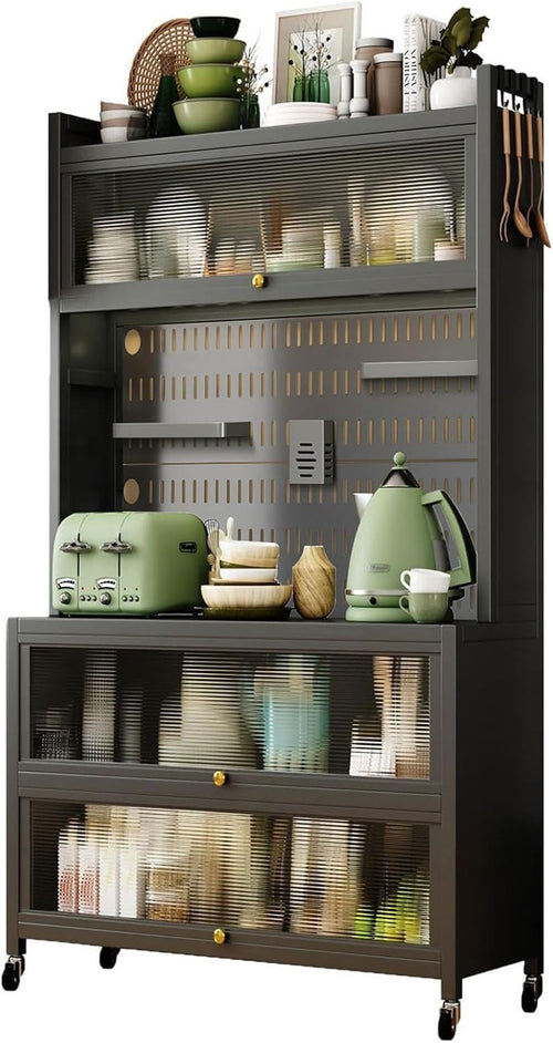 80x36x162cm 5-Tier Black Kitchen Storage Cabinet with Flip Door & Wheels