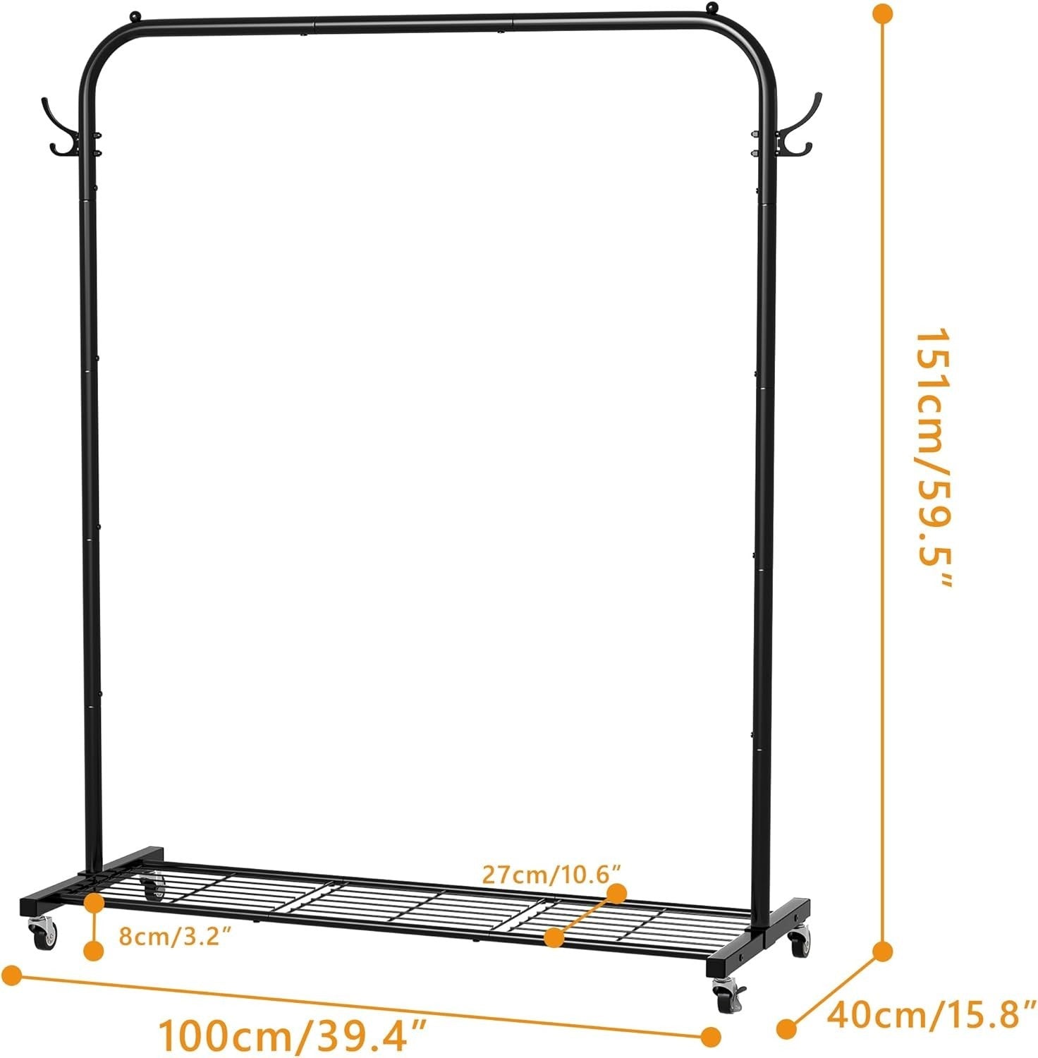 Portable Clothes Rail on Wheels 40KG Rack With Shelf & Hooks Black