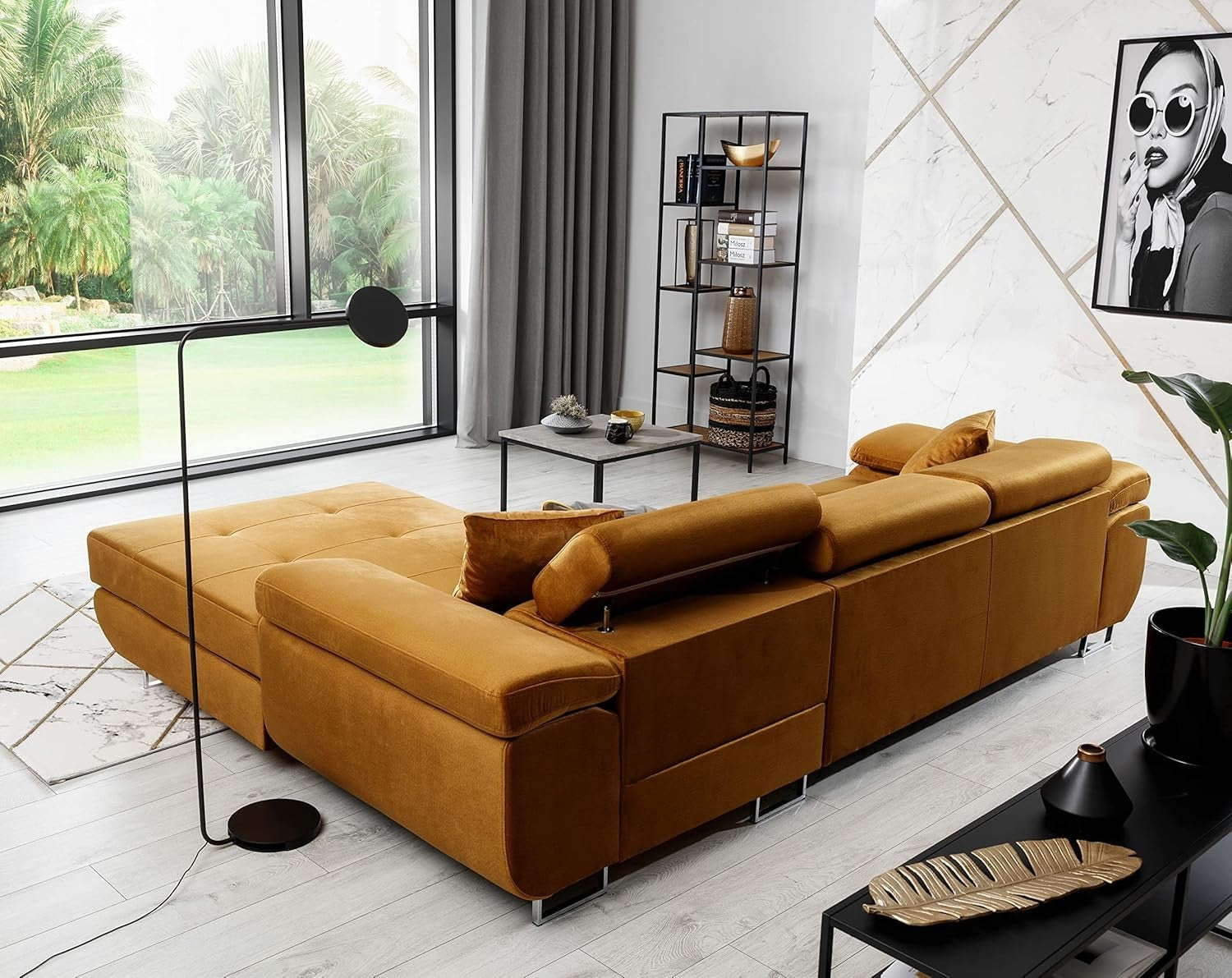 Modern Grey White Corner Sofa Bed Chaise with Cushion Back Padded Arms