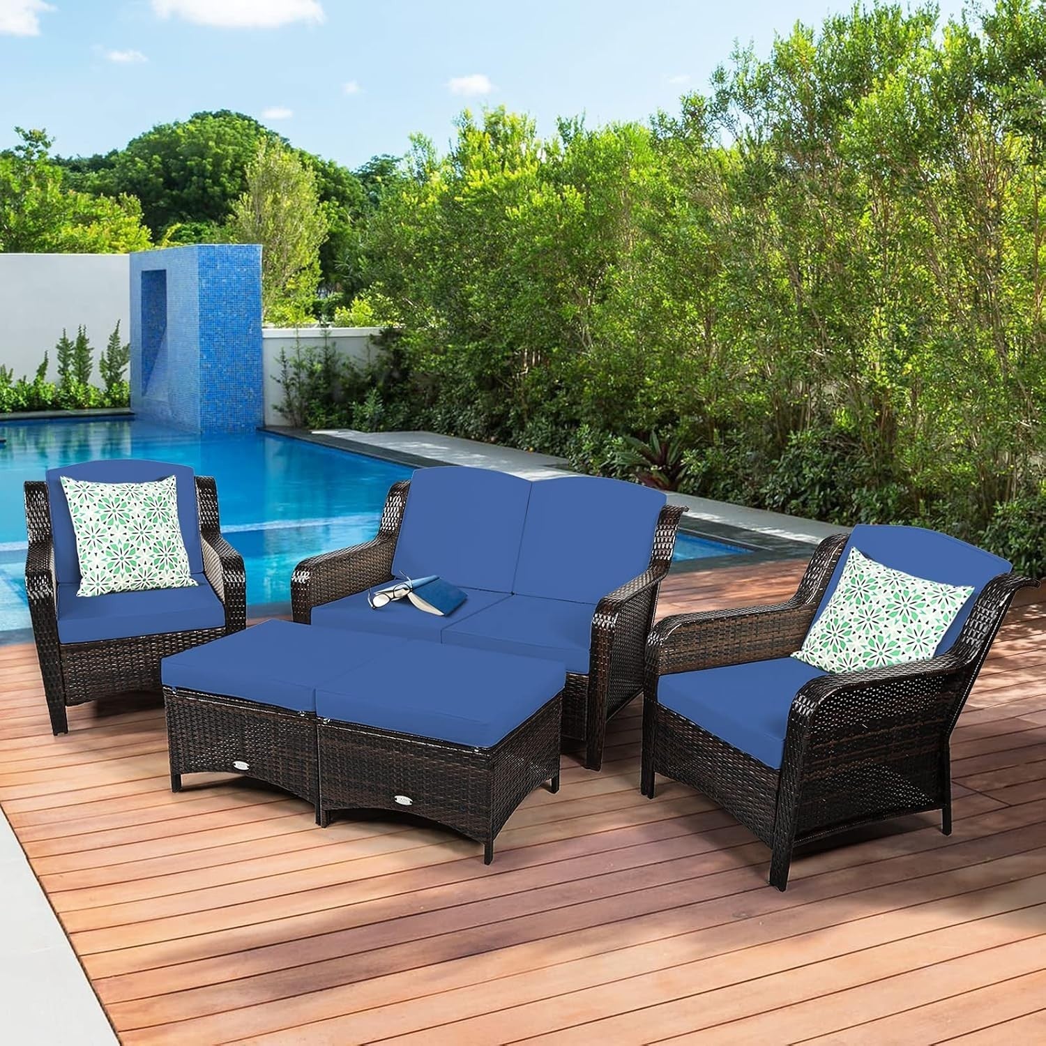 5pc Rattan Garden Sofa Set Navy Blue | Outdoor Patio Seats & Ottomans