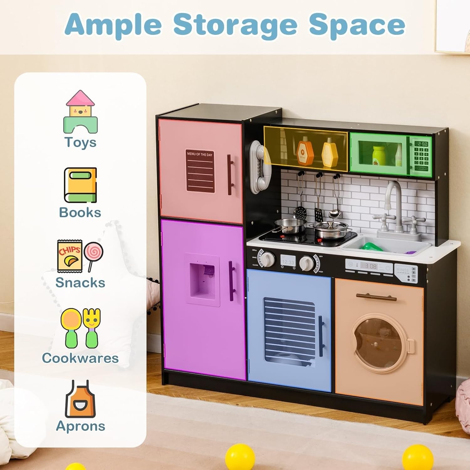 Kids Wooden Play Kitchen Set w/ Lights Sounds Microwave Grey