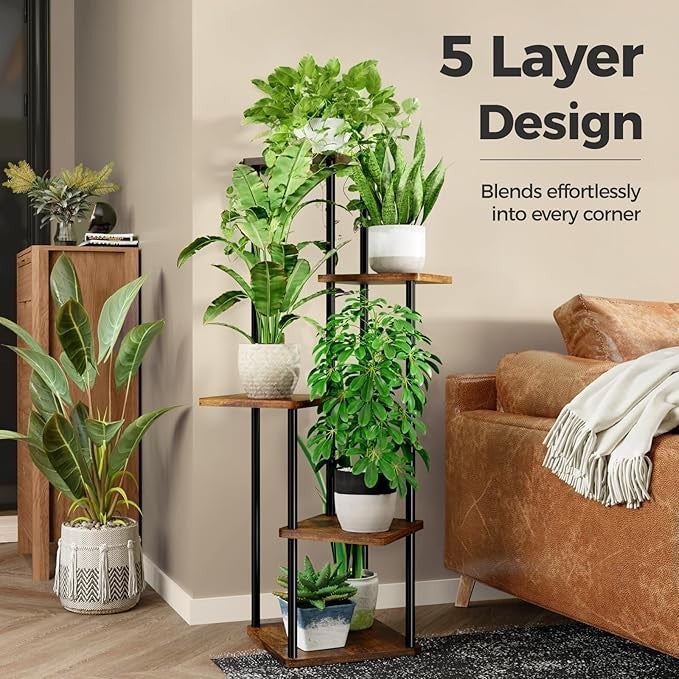 5 Tier Indoor Outdoor Plant Stand Wood Metal Flower Rack Ladder Shelf