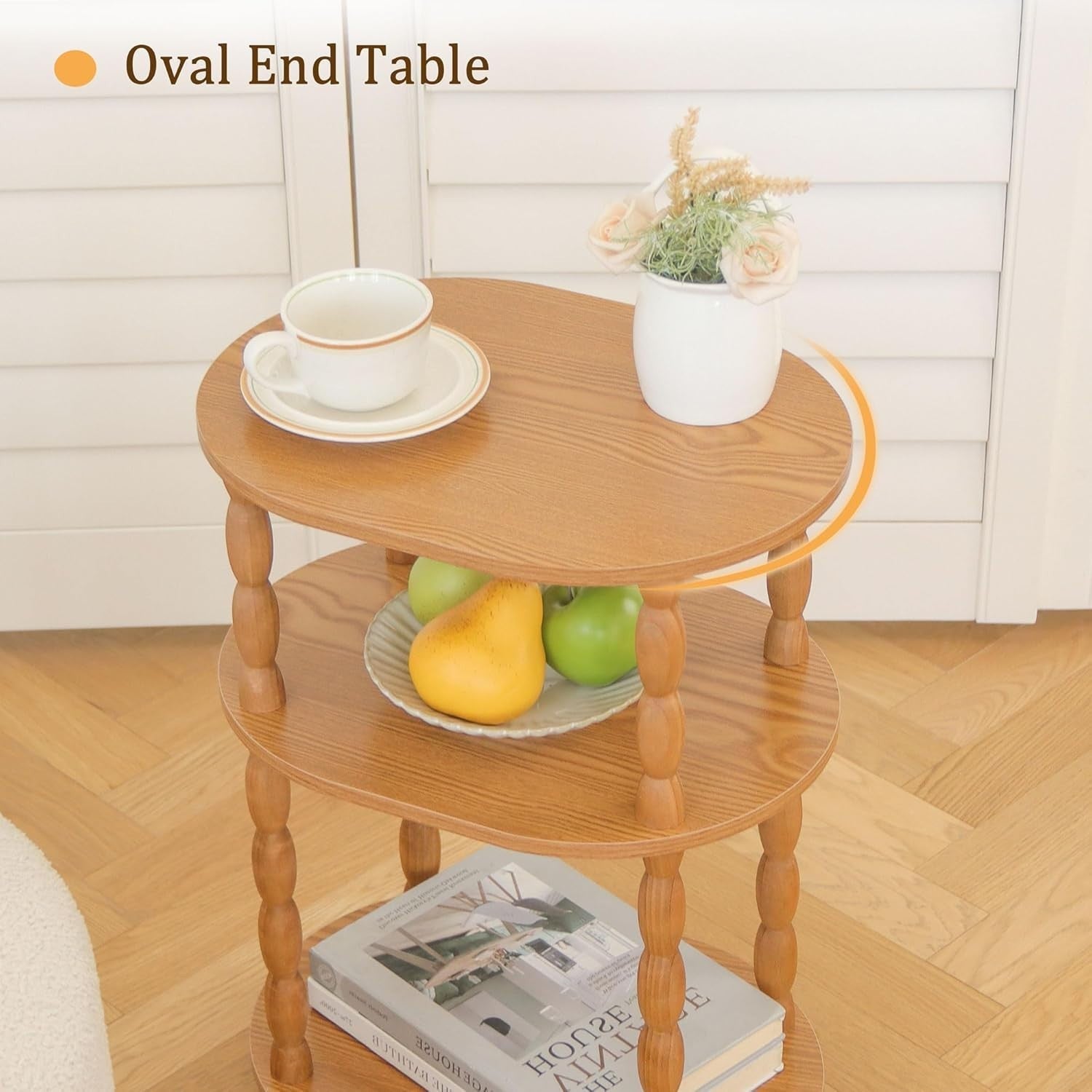 3-Tier Oval Side Table Brown, Compact Modern End Table with Storage Shelves