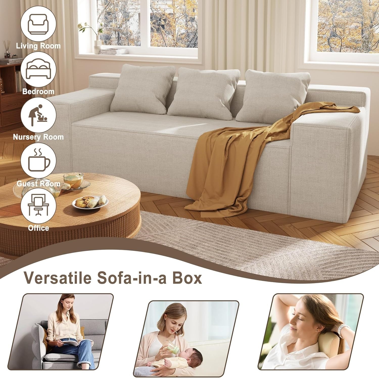 Beige Sofa in a Box 3 Seater Fabric Couch Small Space No Assembly